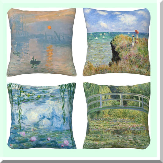 Boho Linen Decorative Pillow Covers Set - Soft Square Cushion Cases for Room, Bedroom, Sofa, Car - Claude Monet Inspired - 18x18 - Pack of 4
