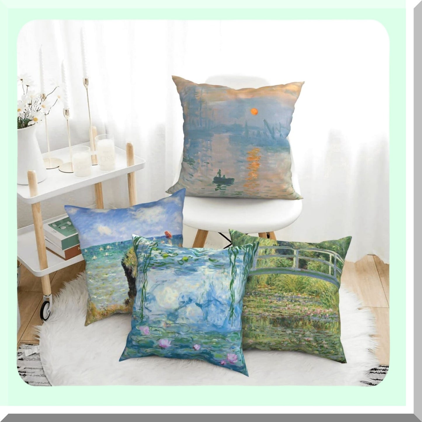 Boho Linen Decorative Pillow Covers Set - Soft Square Cushion Cases for Room, Bedroom, Sofa, Car - Claude Monet Inspired - 18x18 - Pack of 4