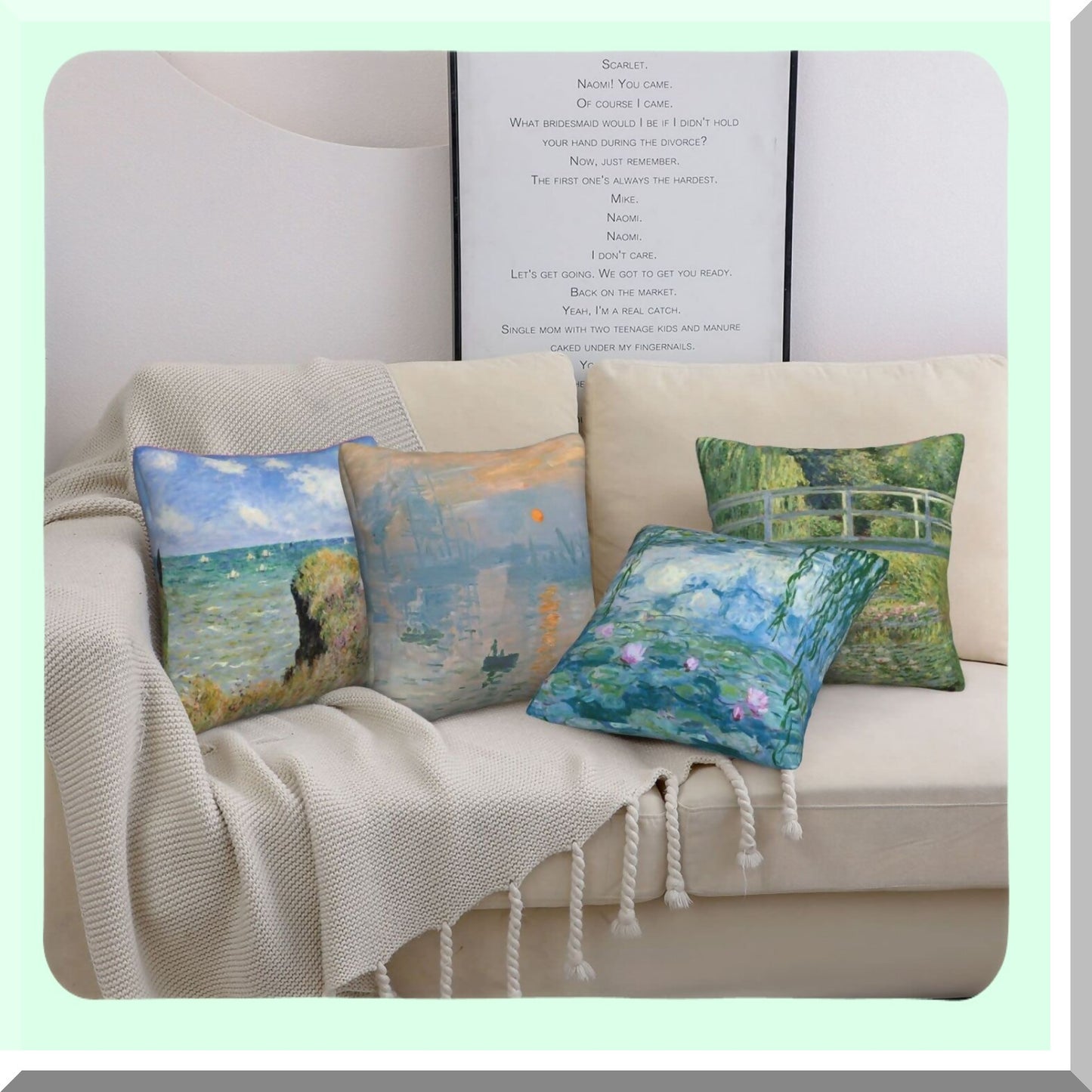Boho Linen Decorative Pillow Covers Set - Soft Square Cushion Cases for Room, Bedroom, Sofa, Car - Claude Monet Inspired - 18x18 - Pack of 4