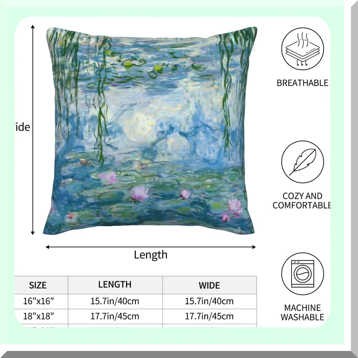 Boho Linen Decorative Pillow Covers Set - Soft Square Cushion Cases for Room, Bedroom, Sofa, Car - Claude Monet Inspired - 18x18 - Pack of 4