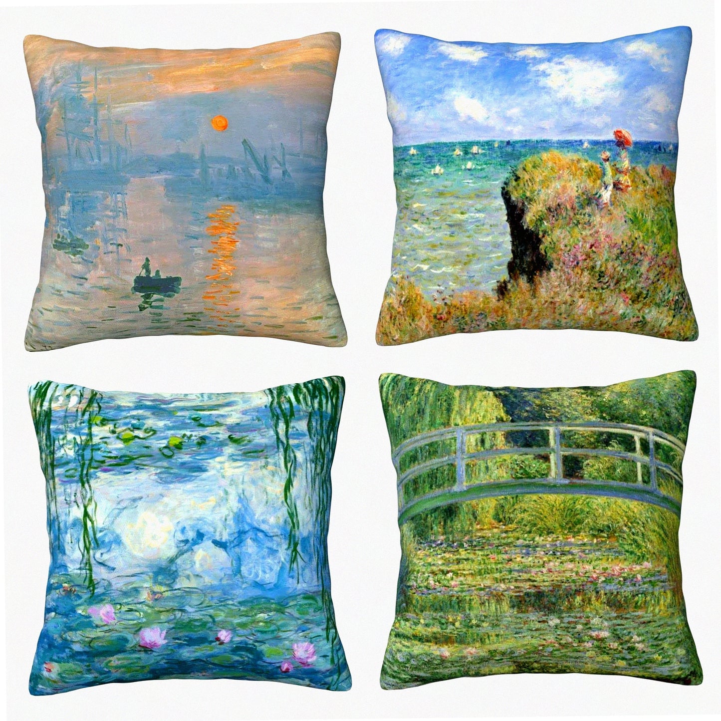 Boho Linen Decorative Pillow Covers Set - Soft Square Cushion Cases for Room, Bedroom, Sofa, Car - Claude Monet Inspired - 18x18 - Pack of 4