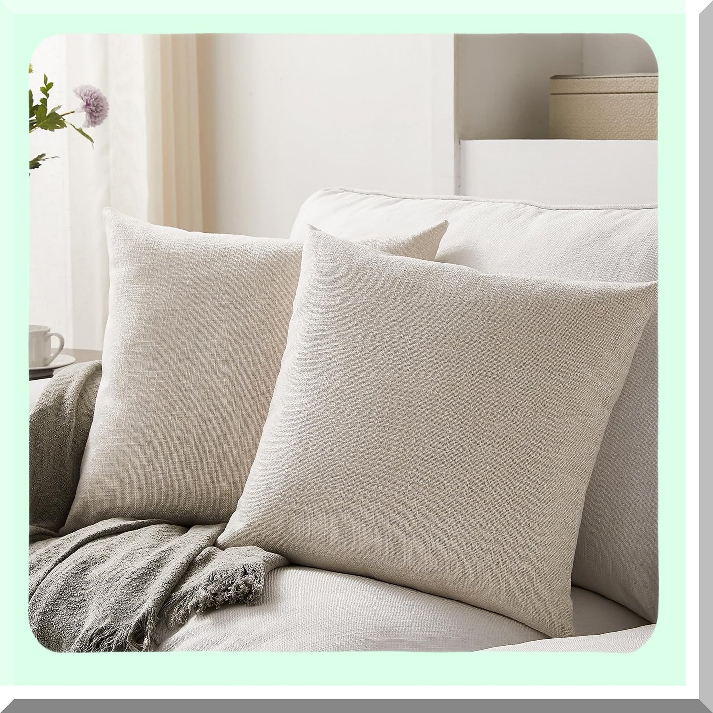 Farmhouse Boho Ivory Linen Pillow Covers - Set of 2 Decorative Throw Cushion Covers for Sofa Couch Dcor - 18 x 18 Inch
