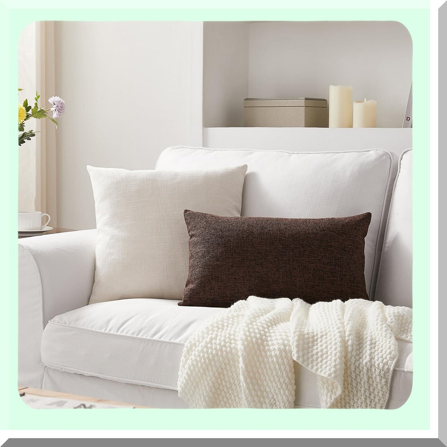 Farmhouse Boho Ivory Linen Pillow Covers - Set of 2 Decorative Throw Cushion Covers for Sofa Couch Dcor - 18 x 18 Inch