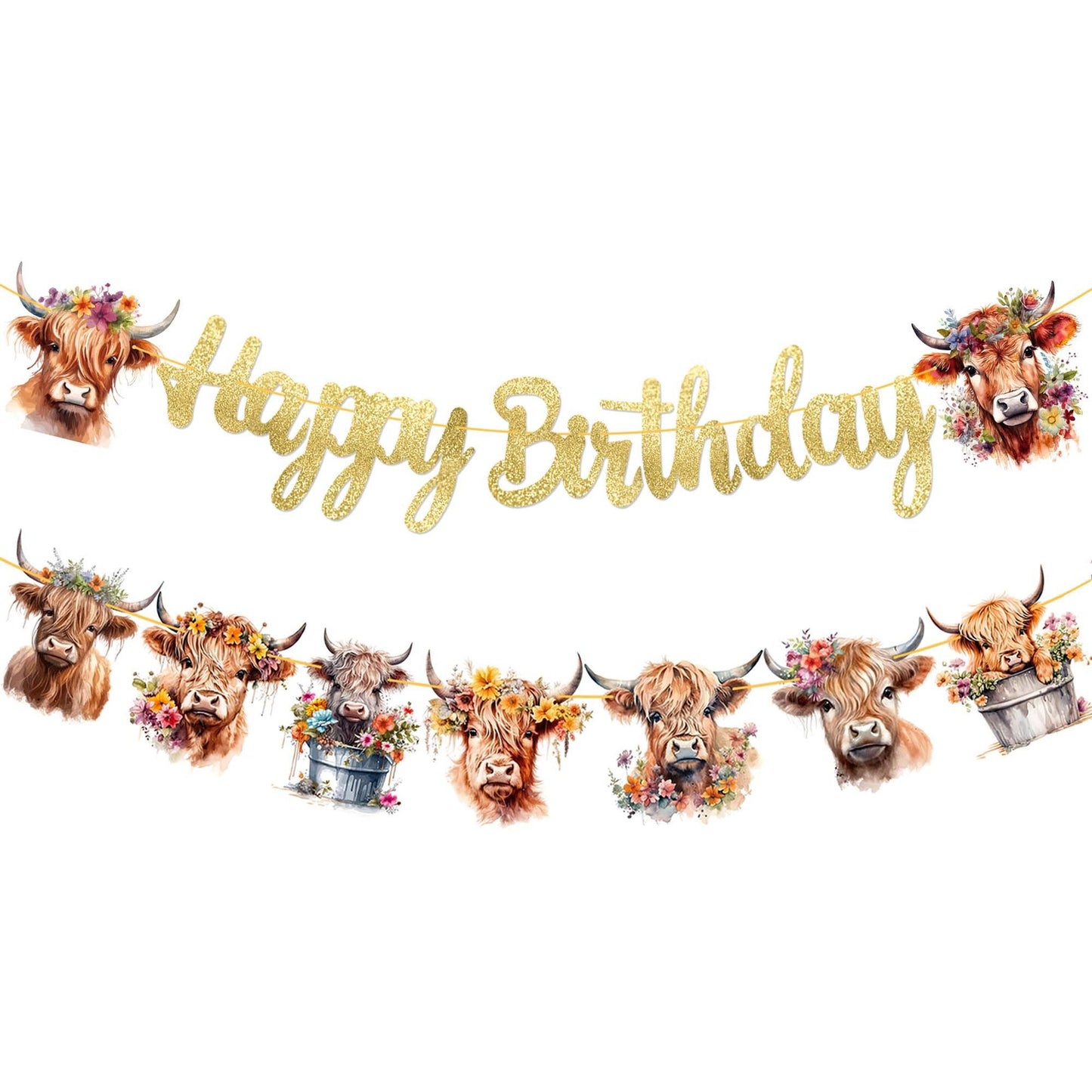 Gold Glitter Highland Cow Party Banner - Farm Birthday Decorations for Baby Shower & Kids Party - Happy Birthday Banner & Supplies