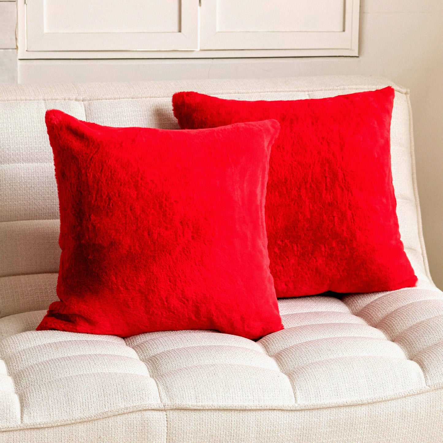 Red Fuzzy Accent Pillow Set - Soft Decorative Throw Cushion Covers for Couch Bed Living Room Decor - 18x18 Inch, Pack of 2