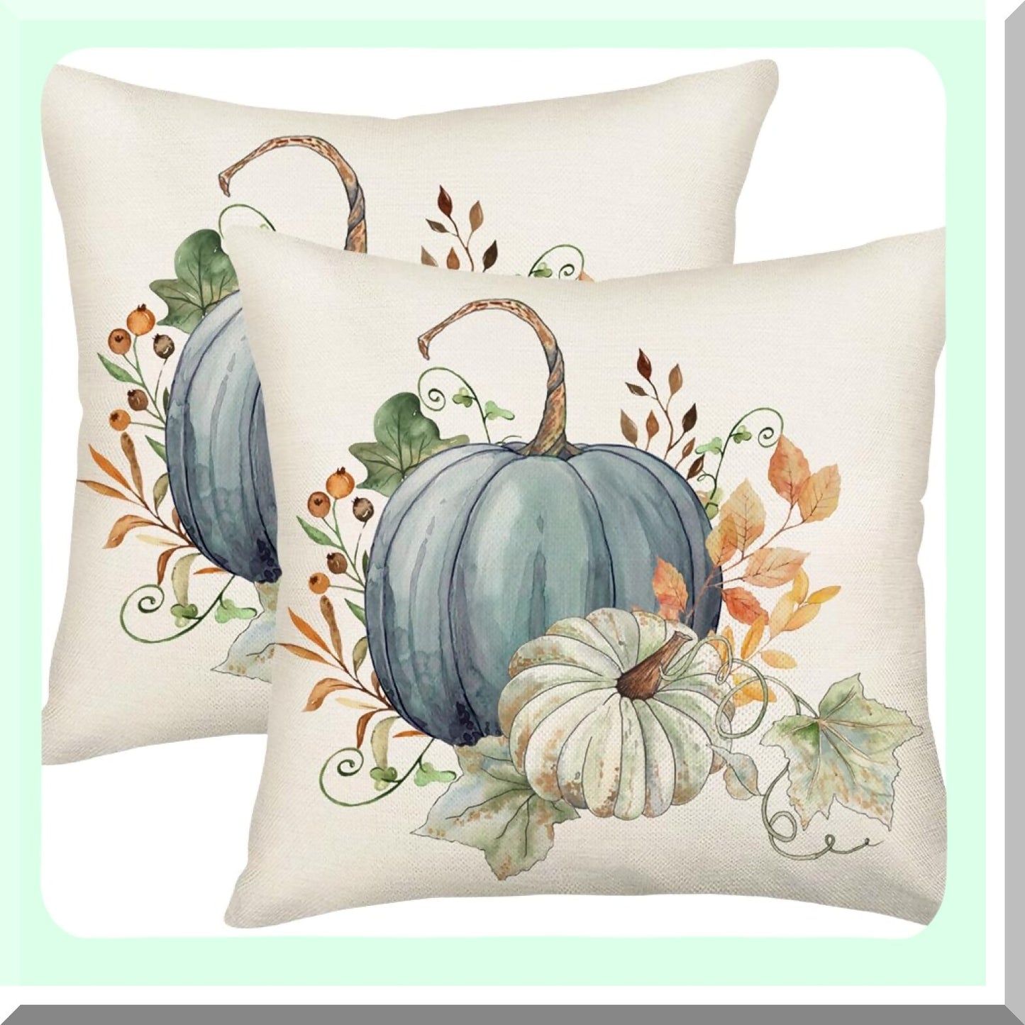 Autumn Harvest Pillow Covers Set - 18x18 Inch Cute Fall Decor with Green Blue Pumpkins & Leaves - Thanksgiving Farmhouse Cushion Case for Sofa & Couch