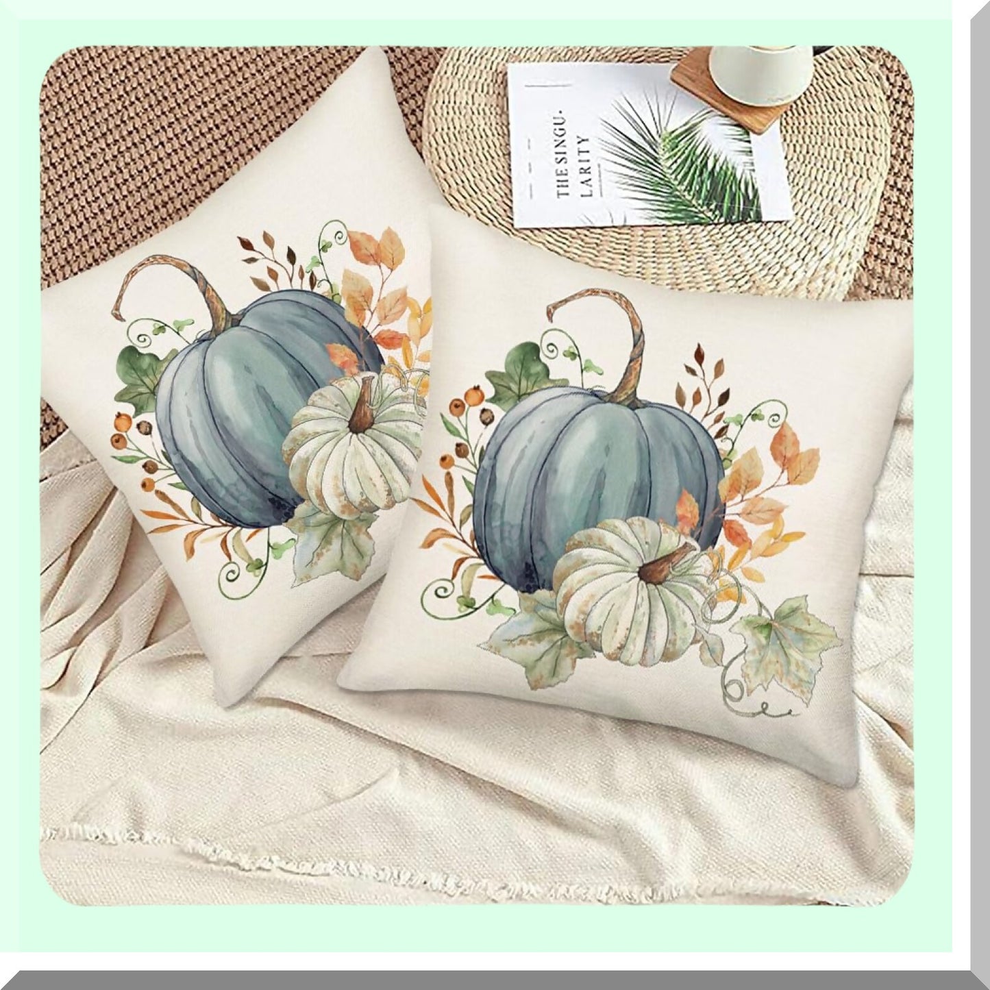 Autumn Harvest Pillow Covers Set - 18x18 Inch Cute Fall Decor with Green Blue Pumpkins & Leaves - Thanksgiving Farmhouse Cushion Case for Sofa & Couch
