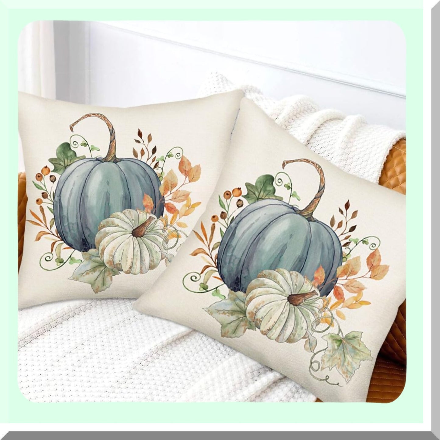 Autumn Harvest Pillow Covers Set - 18x18 Inch Cute Fall Decor with Green Blue Pumpkins & Leaves - Thanksgiving Farmhouse Cushion Case for Sofa & Couch