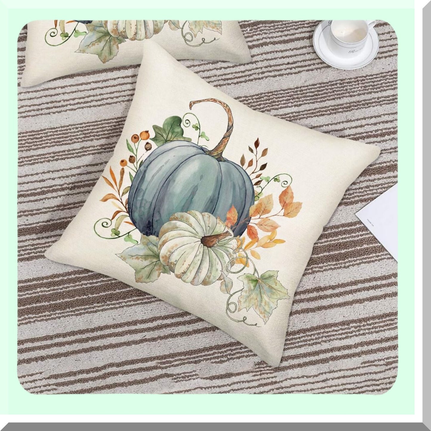 Autumn Harvest Pillow Covers Set - 18x18 Inch Cute Fall Decor with Green Blue Pumpkins & Leaves - Thanksgiving Farmhouse Cushion Case for Sofa & Couch