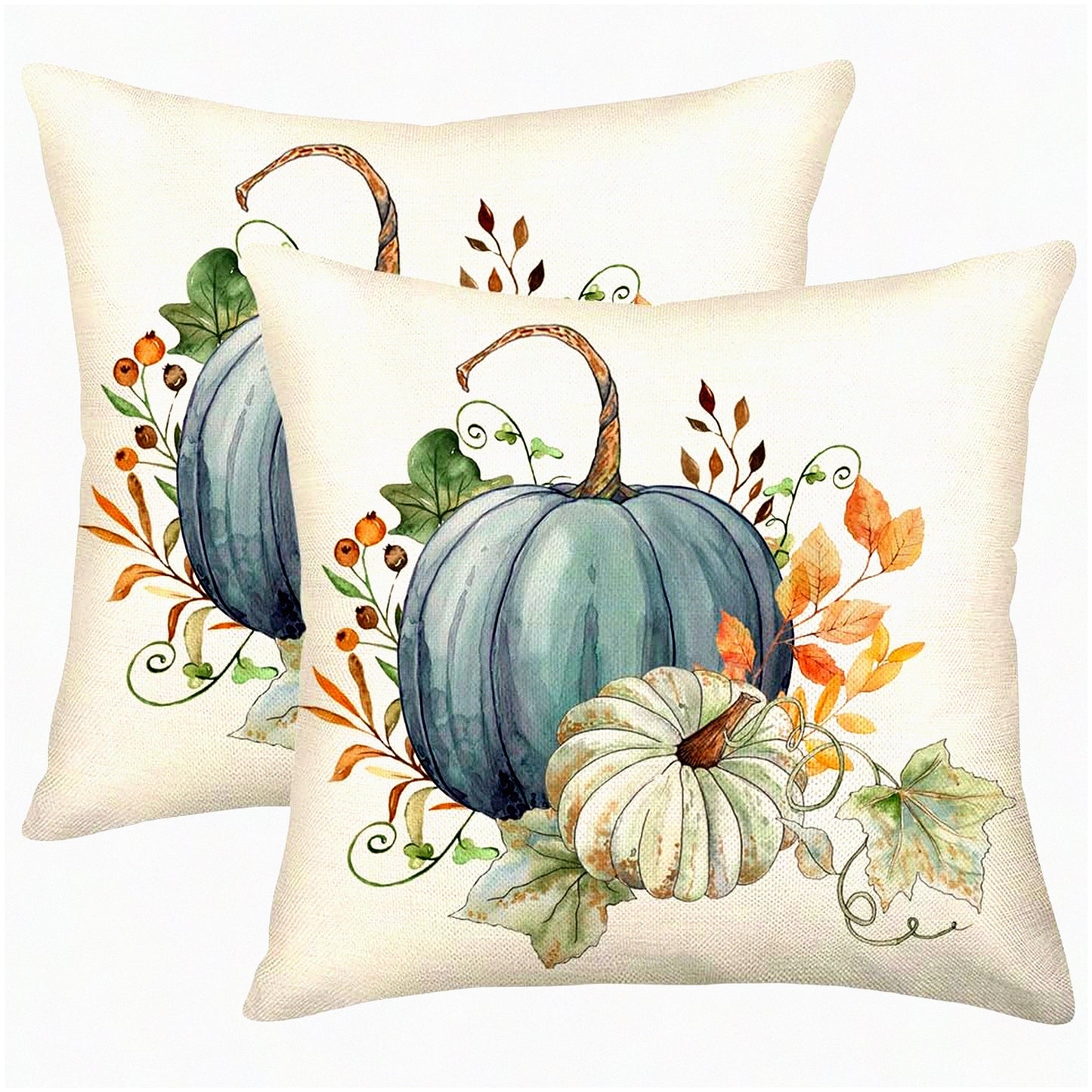 Autumn Harvest Pillow Covers Set - 18x18 Inch Cute Fall Decor with Green Blue Pumpkins & Leaves - Thanksgiving Farmhouse Cushion Case for Sofa & Couch