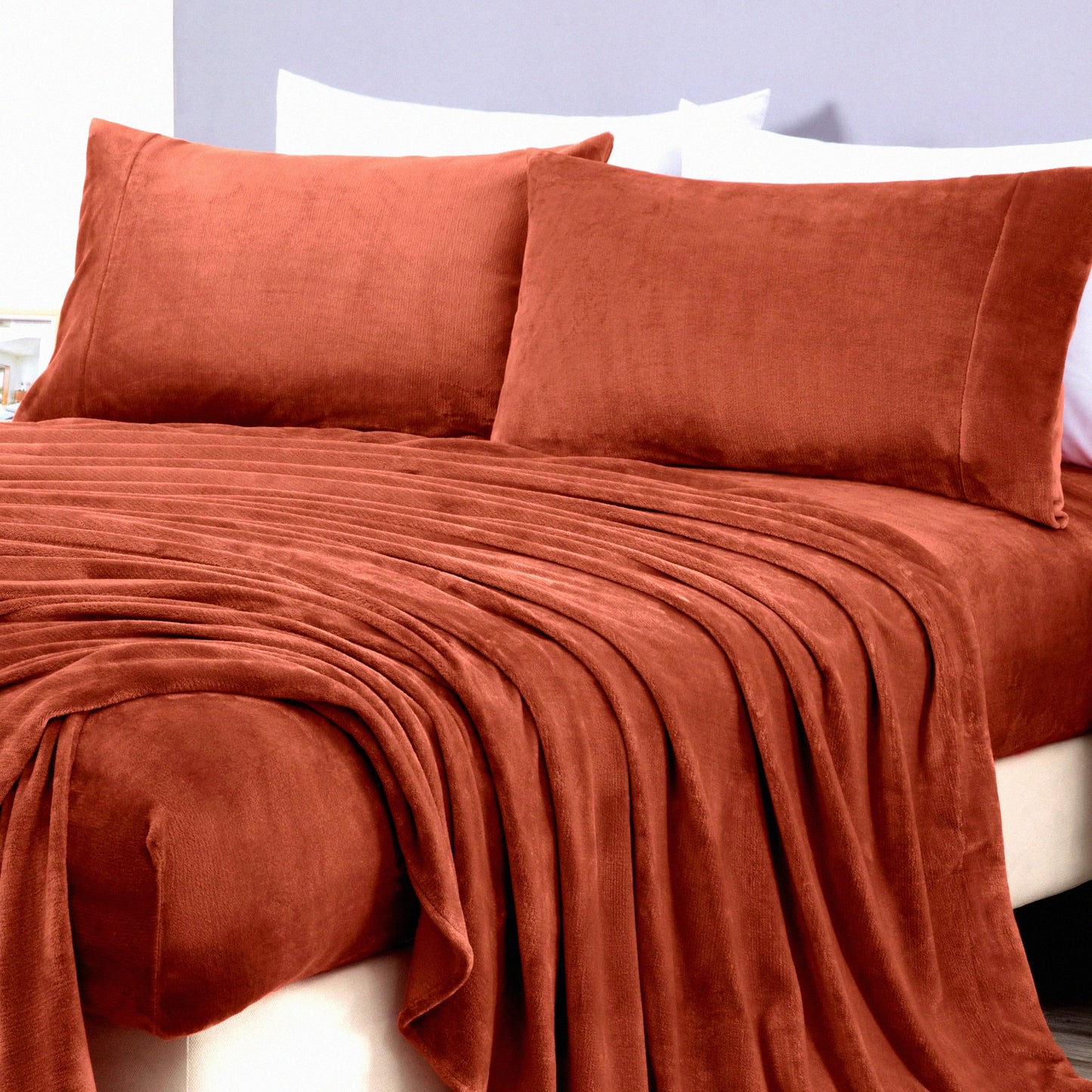 VelvetPlush Twin Fleece Sheet Set - Deep Pocket Lightweight Bedding for All Season Warmth in Terracotta Color - Extra Soft Microplush Material