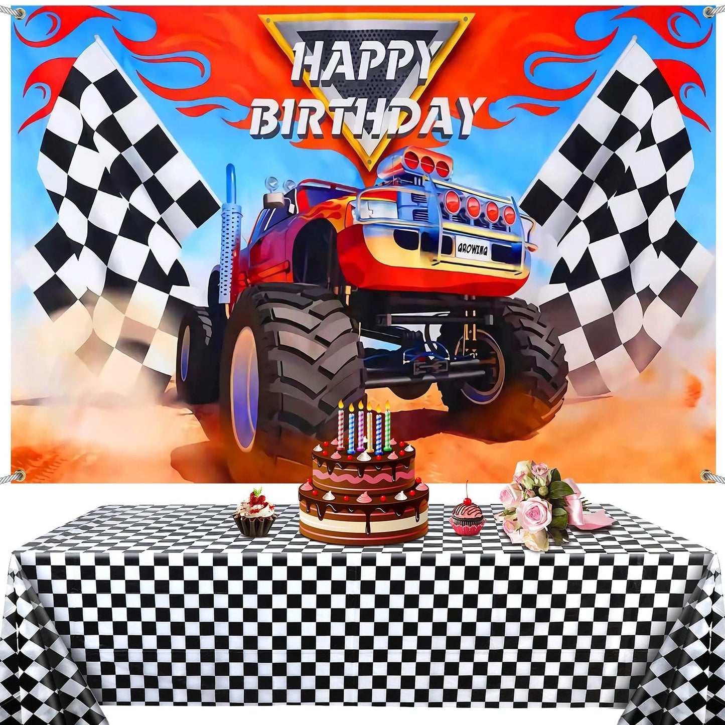 Monster Truck Party Supplies with Backdrop and Tablecloth