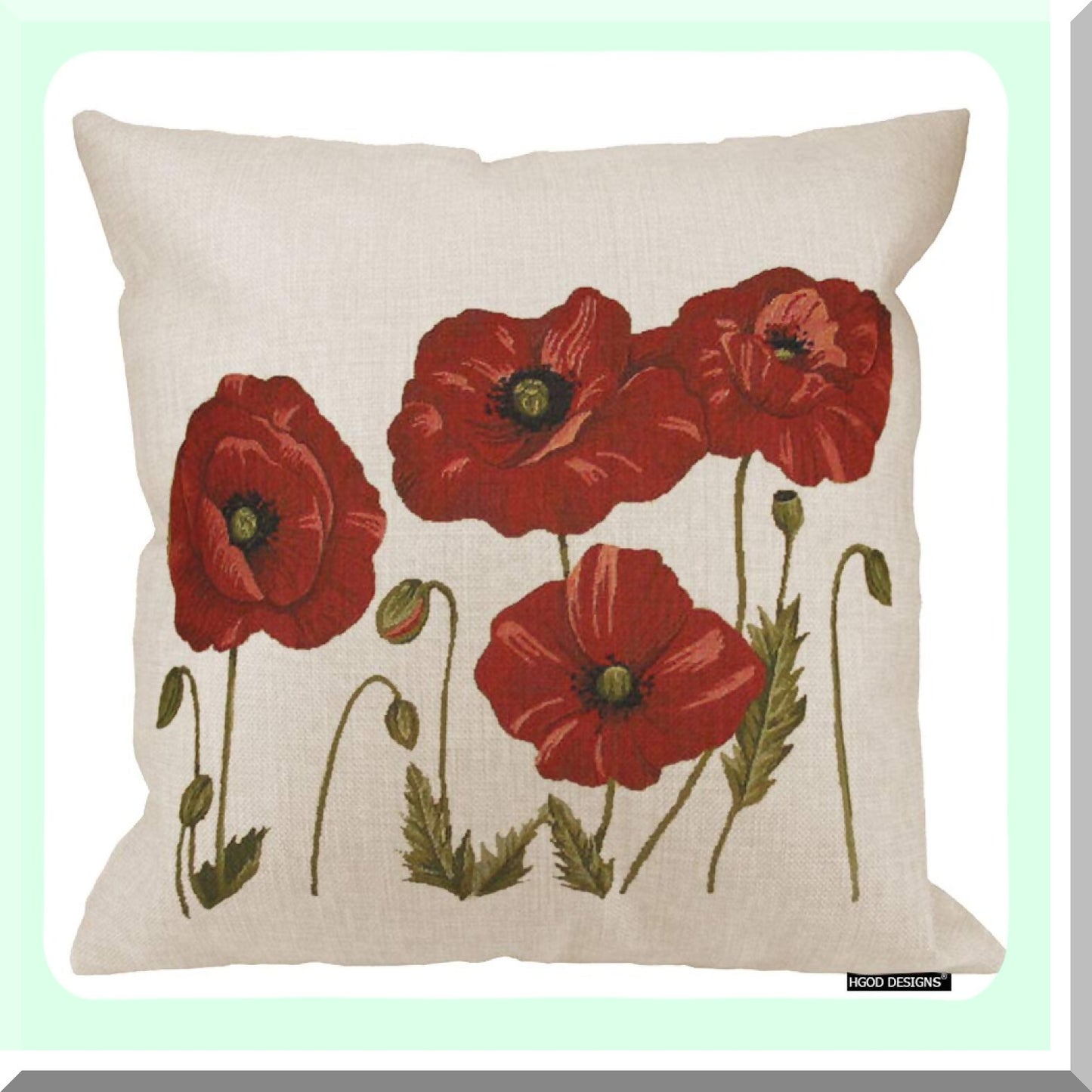 Poppy Bloom Pillowcase - Floral Throw Cushion Cover for Sofa Decor - Red Flower Painting Design on Cotton Linen - 18x18 Inches Square Decorative Case