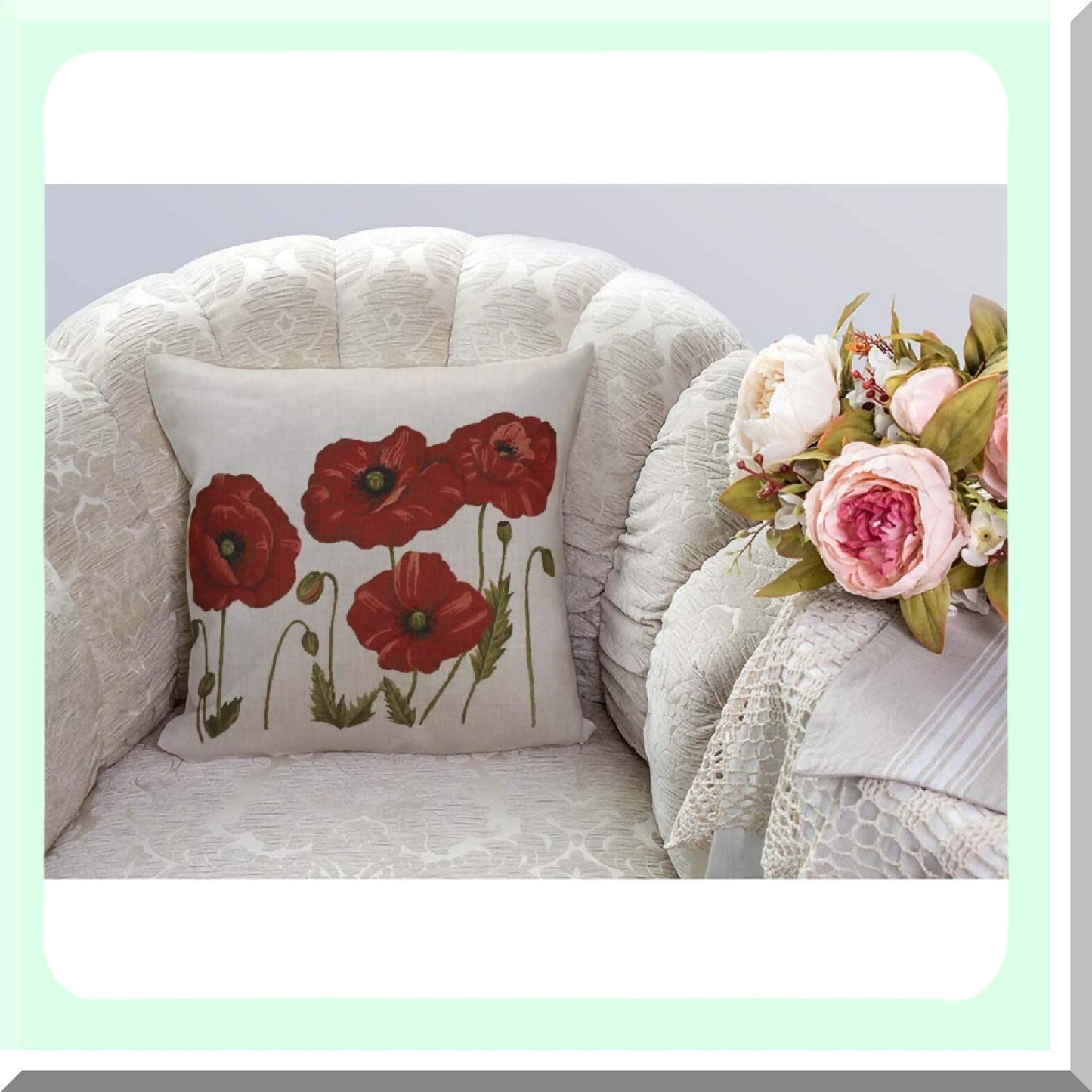 Poppy Bloom Pillowcase - Floral Throw Cushion Cover for Sofa Decor - Red Flower Painting Design on Cotton Linen - 18x18 Inches Square Decorative Case