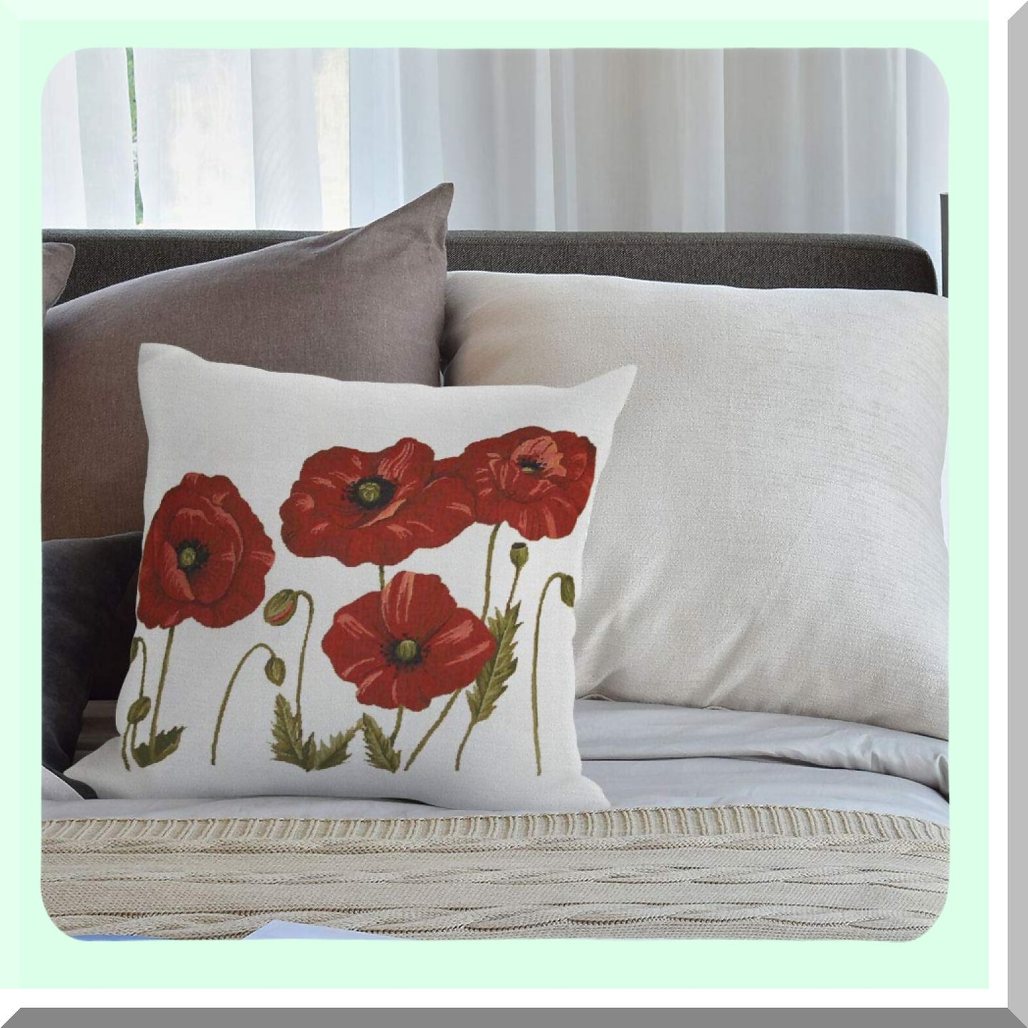 Poppy Bloom Pillowcase - Floral Throw Cushion Cover for Sofa Decor - Red Flower Painting Design on Cotton Linen - 18x18 Inches Square Decorative Case