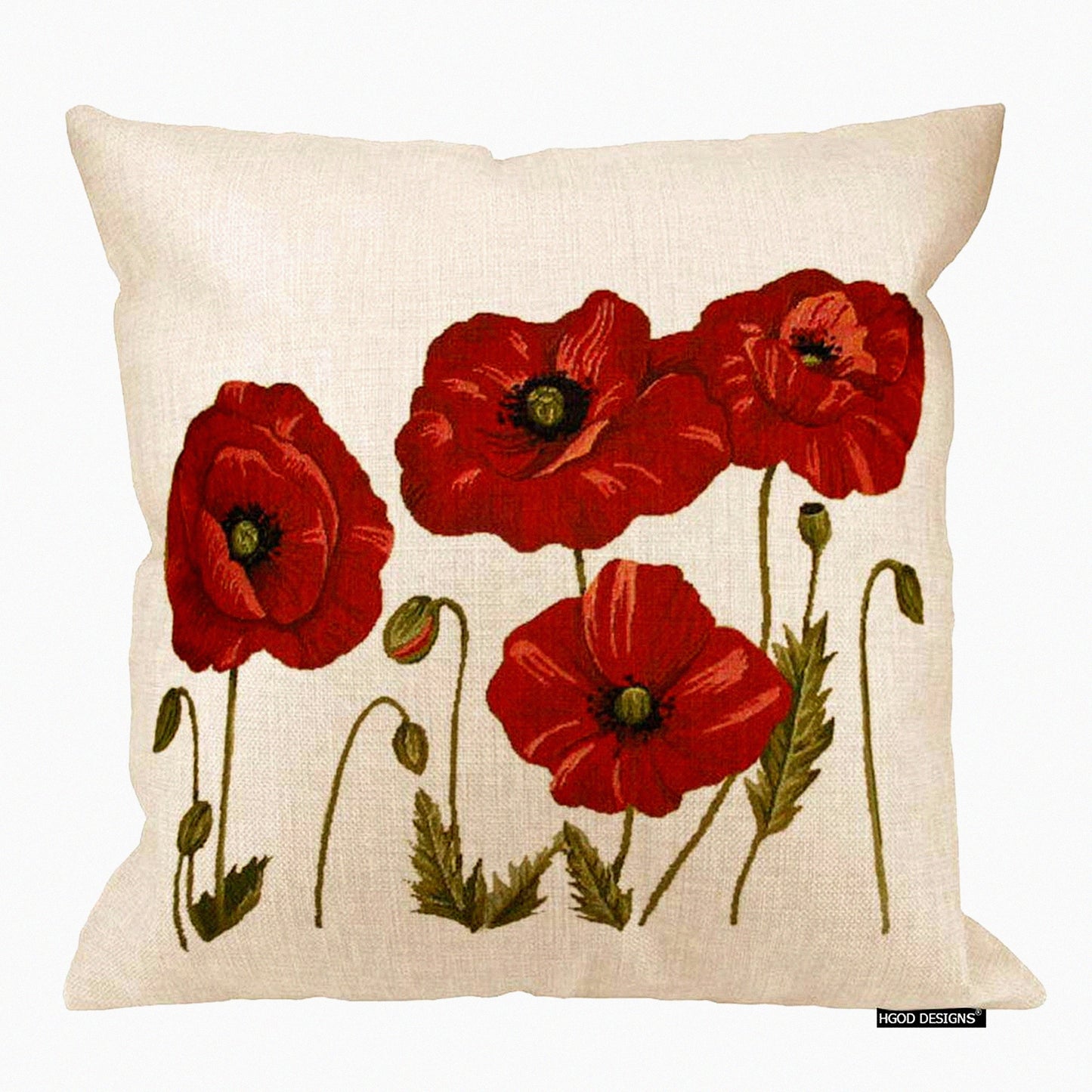 Poppy Bloom Pillowcase - Floral Throw Cushion Cover for Sofa Decor - Red Flower Painting Design on Cotton Linen - 18x18 Inches Square Decorative Case