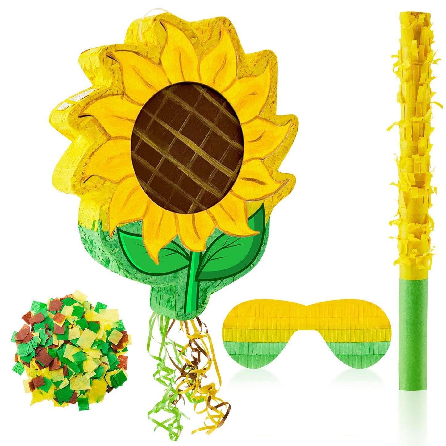 Sunflower Fiesta Party Pack - Includes 4 Pull String Pinatas, Bar, Blindfold, and Confetti for Birthday, Baby Shower, or Adult Game Celebration