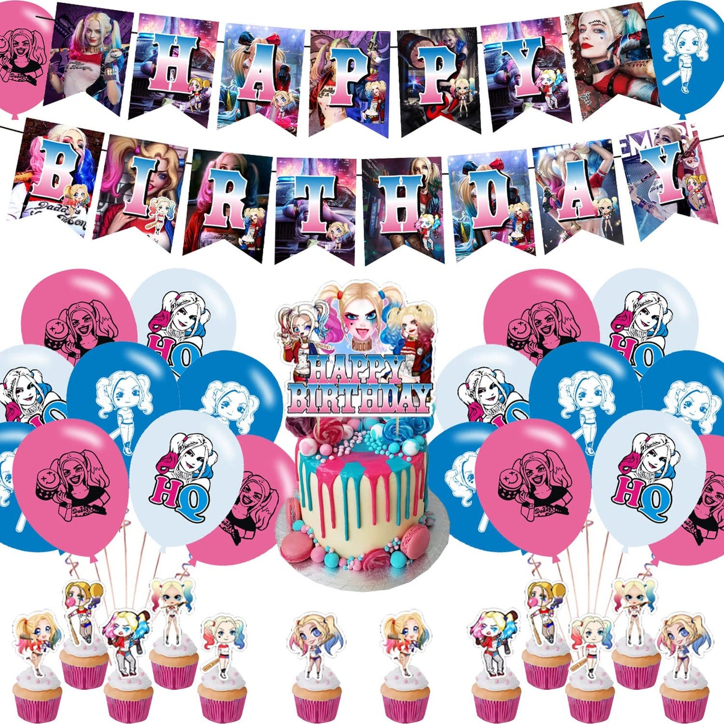 Quinn Party Pack - Banner, Cake Topper, Cupcake Toppers, Balloons - Birthday Decorations for Harley Quinn Girl Theme Celebration - Set of 31 Items