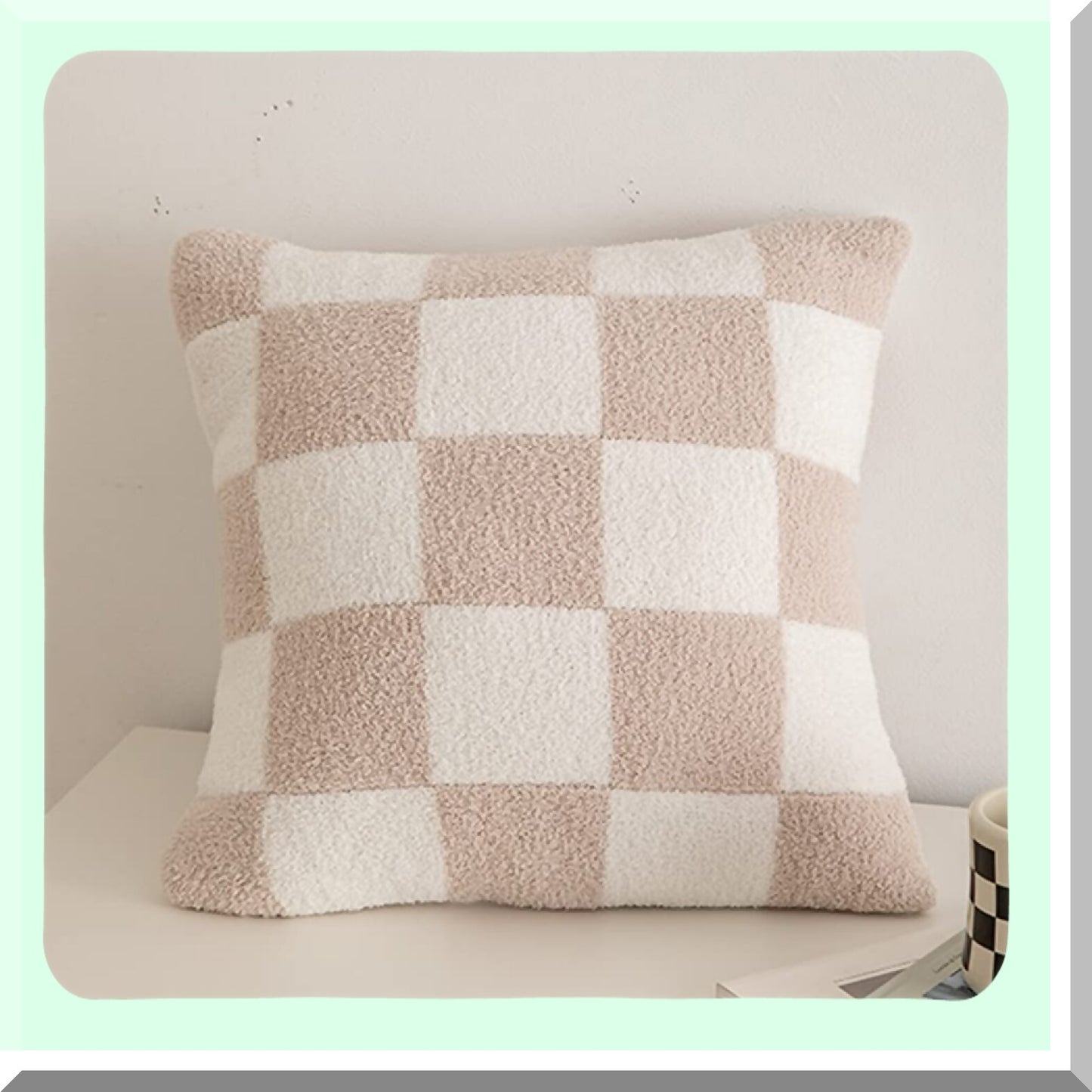 CozyCheck Microfiber Checkerboard Pillowcase Set - Soft Gingham Cushion Cover for Home Sofa Couch Decor - Fuzzy Chessboard Design - 18x18 Inches Khaki