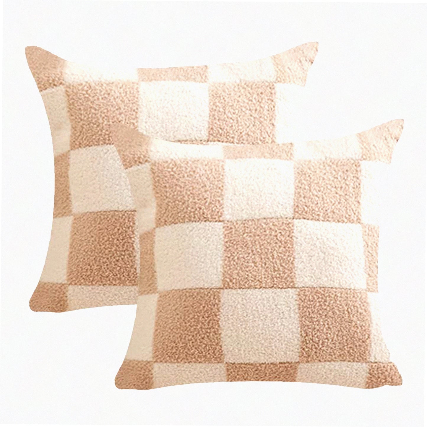 CozyCheck Microfiber Checkerboard Pillowcase Set - Soft Gingham Cushion Cover for Home Sofa Couch Decor - Fuzzy Chessboard Design - 18x18 Inches Khaki