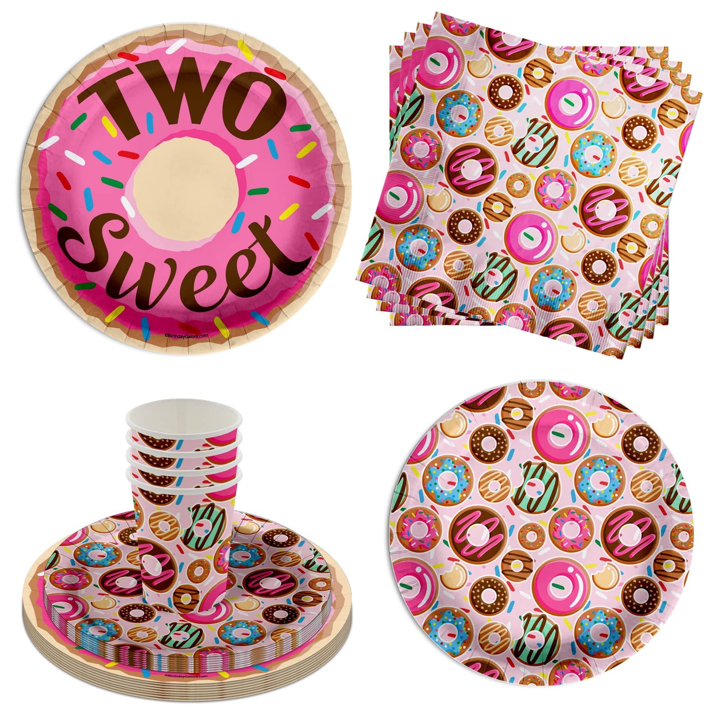 Donut Delight Party Pack - 64 Piece Set for 16 Guests - Includes Large Plates, Napkins, Cups - Perfect for Girls 2nd Birthday Celebration!