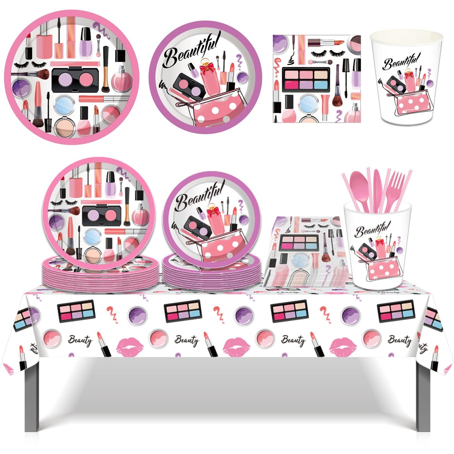 GlamourGlow Makeup Party Tableware Set - 79PCS Disposable Plates Cups Napkins Knife Fork Spoon Straw for Women Girls, Makeup Party Decorations