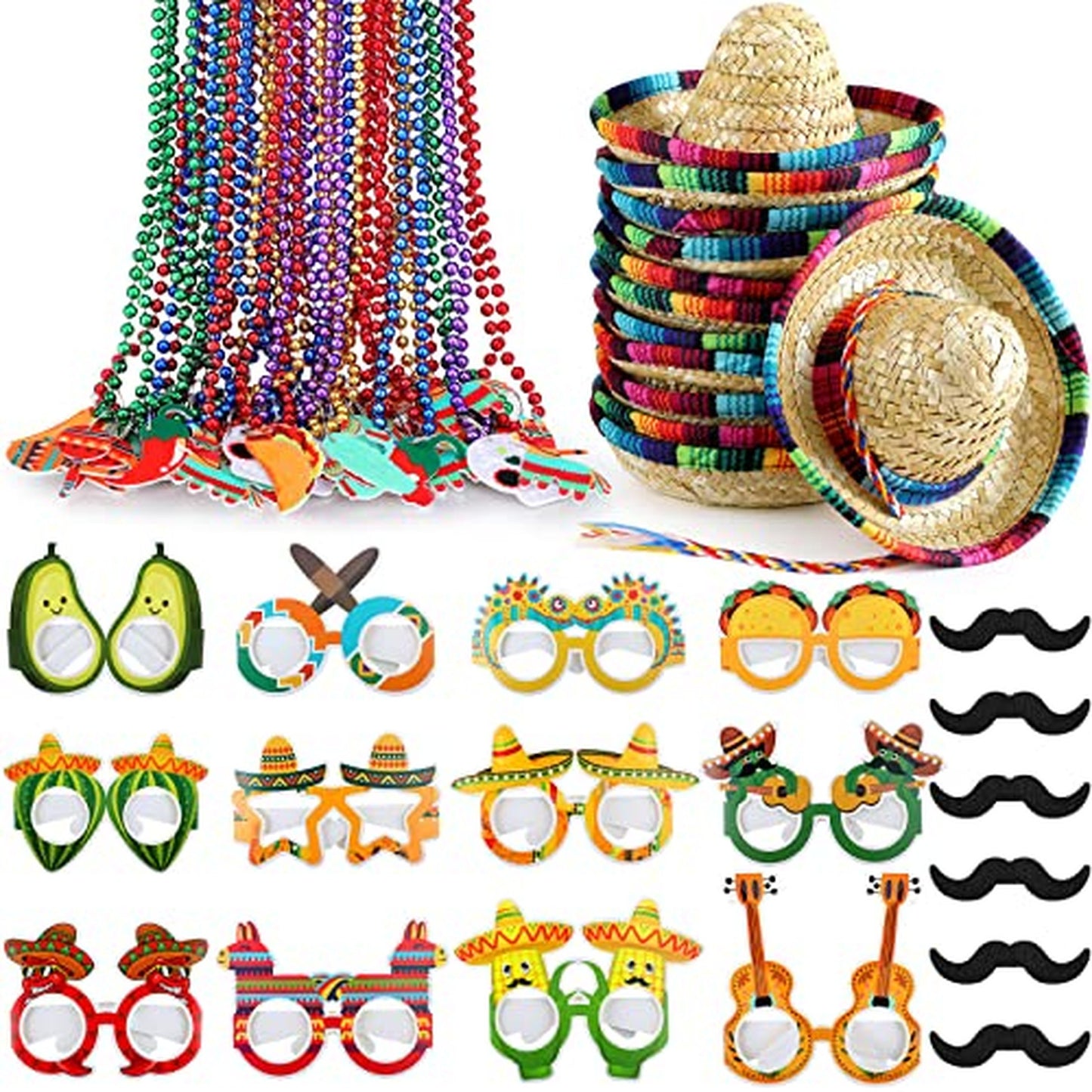Fiesta Fun Pack: Dia De Muertos Party Hats, Beards, and Necklaces - 54-Piece Set for Cinco De Mayo Celebrations and Day of The Dead Decor