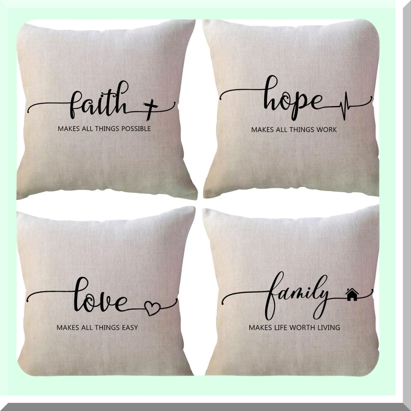 Faithful Words Decor Pillowcases - Inspirational Family Hope Cushion Covers 18x18 - Rustic Farmhouse Sofa Throw Pillow Covers 4 Pack