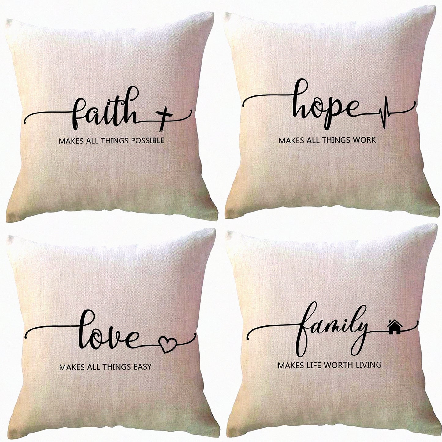 Faithful Words Decor Pillowcases - Inspirational Family Hope Cushion Covers 18x18 - Rustic Farmhouse Sofa Throw Pillow Covers 4 Pack