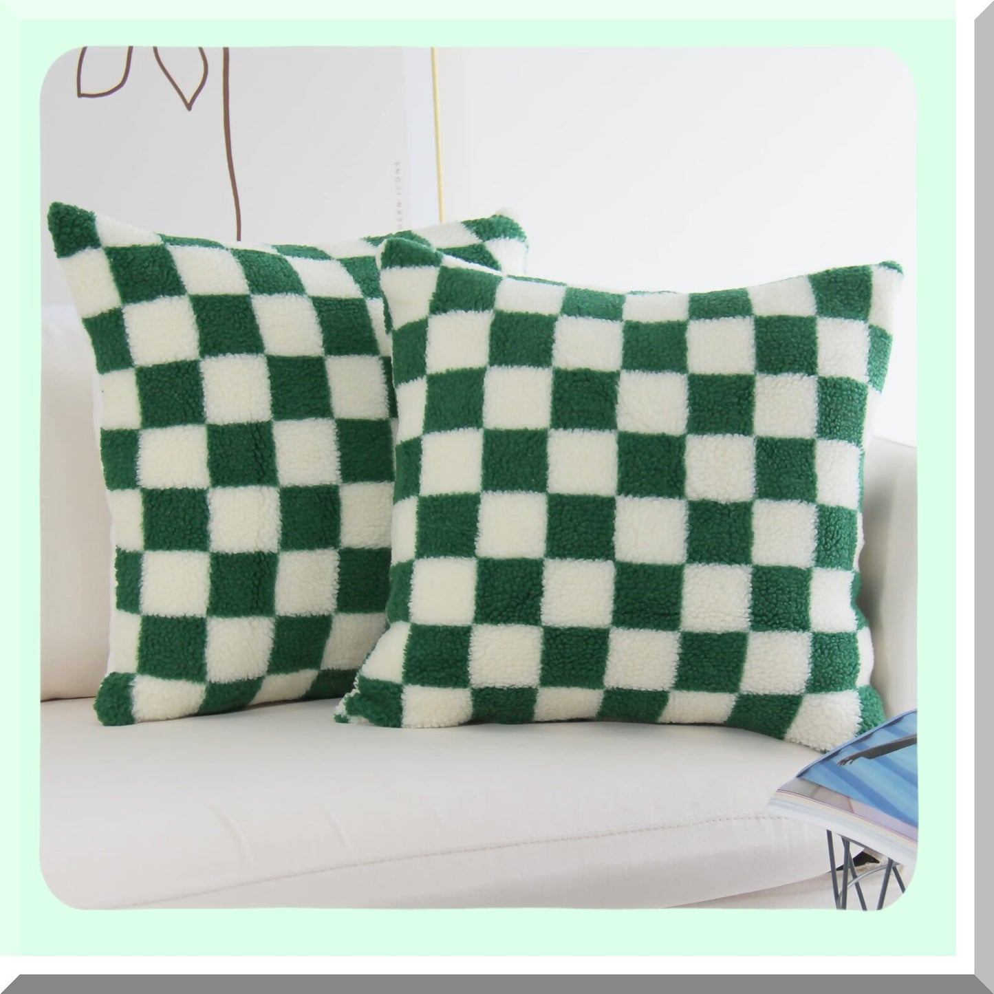 Luxury Checkerboard Wool Sherpa Pillowcase Set - Soft Green Cushion Covers for Couch & Bedroom Decor - Pack of 2, 18x18 Inch