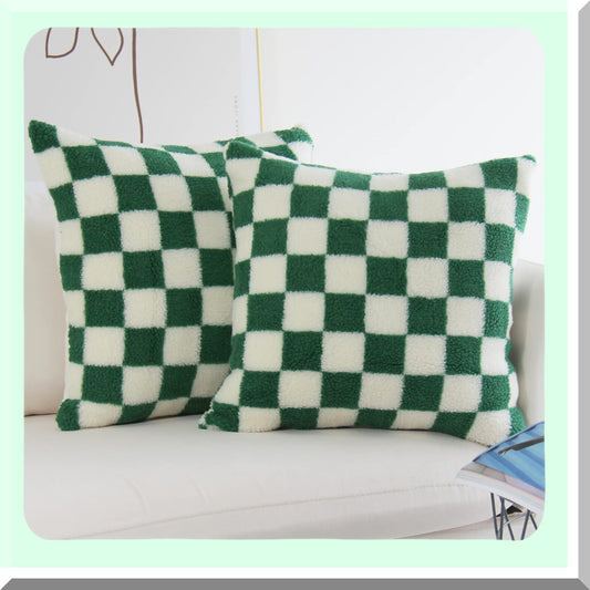Checkerboard Wool Sherpa Pillowcase Set Compatible with Couch and Bedroom Decor