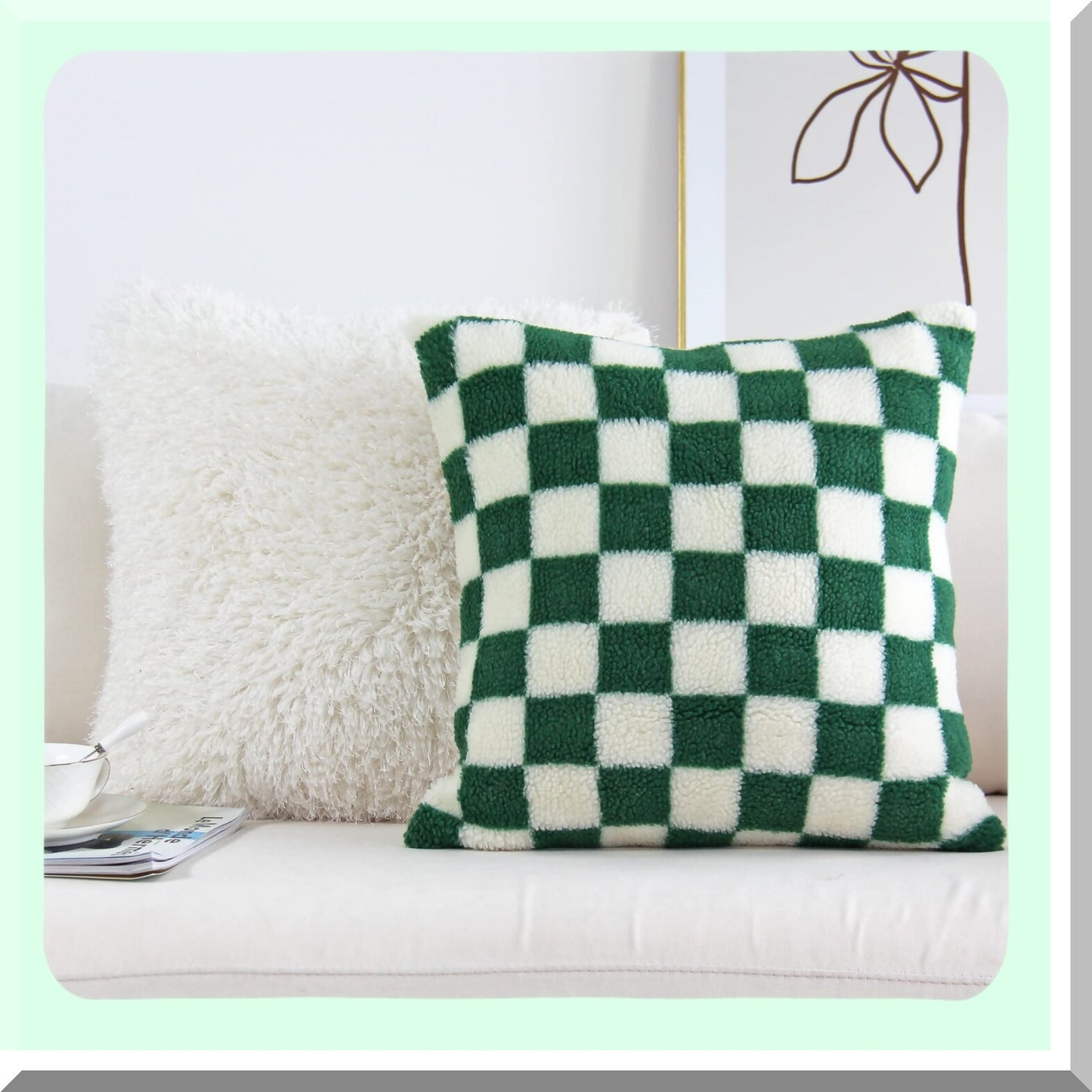 Luxury Checkerboard Wool Sherpa Pillowcase Set - Soft Green Cushion Covers for Couch & Bedroom Decor - Pack of 2, 18x18 Inch