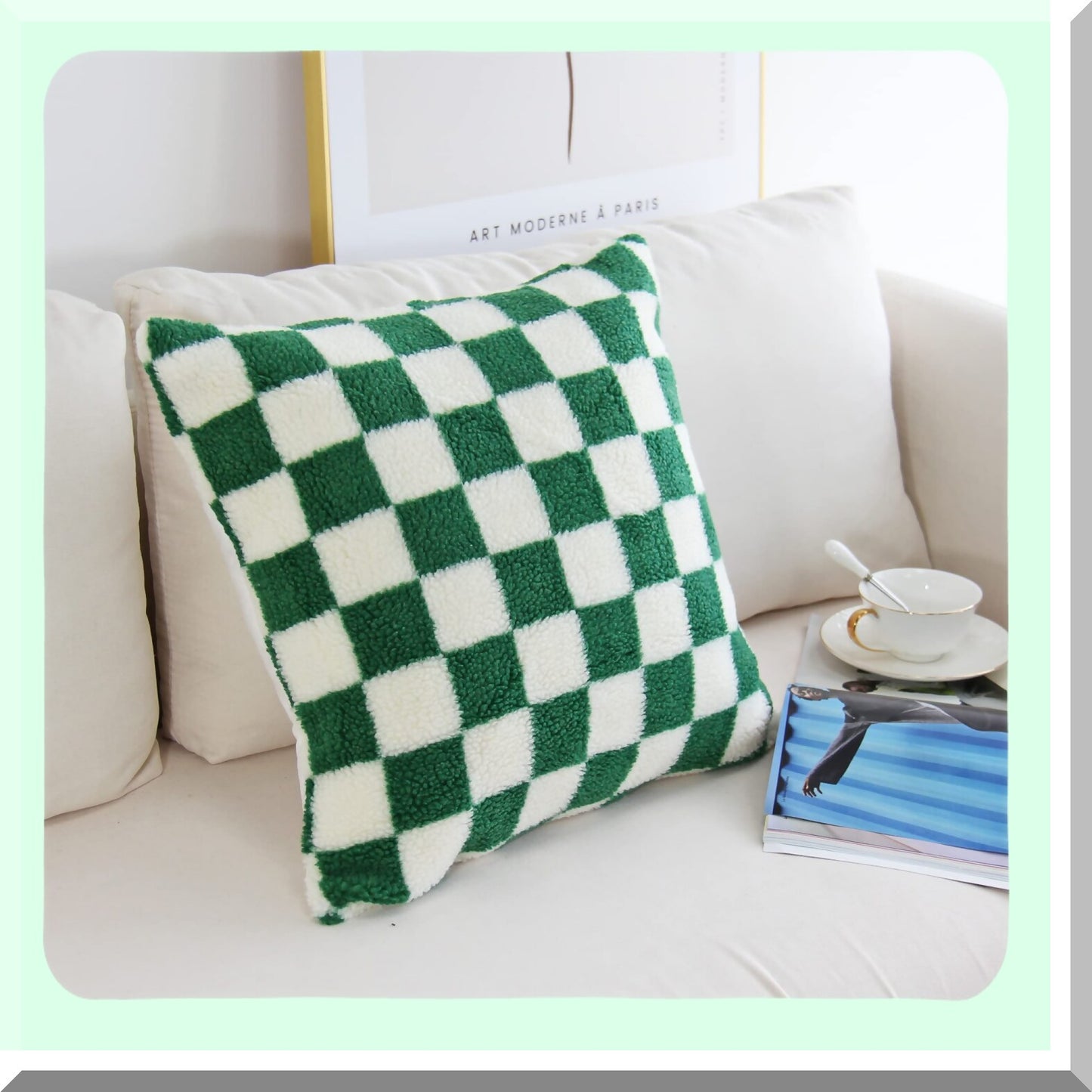 Luxury Checkerboard Wool Sherpa Pillowcase Set - Soft Green Cushion Covers for Couch & Bedroom Decor - Pack of 2, 18x18 Inch