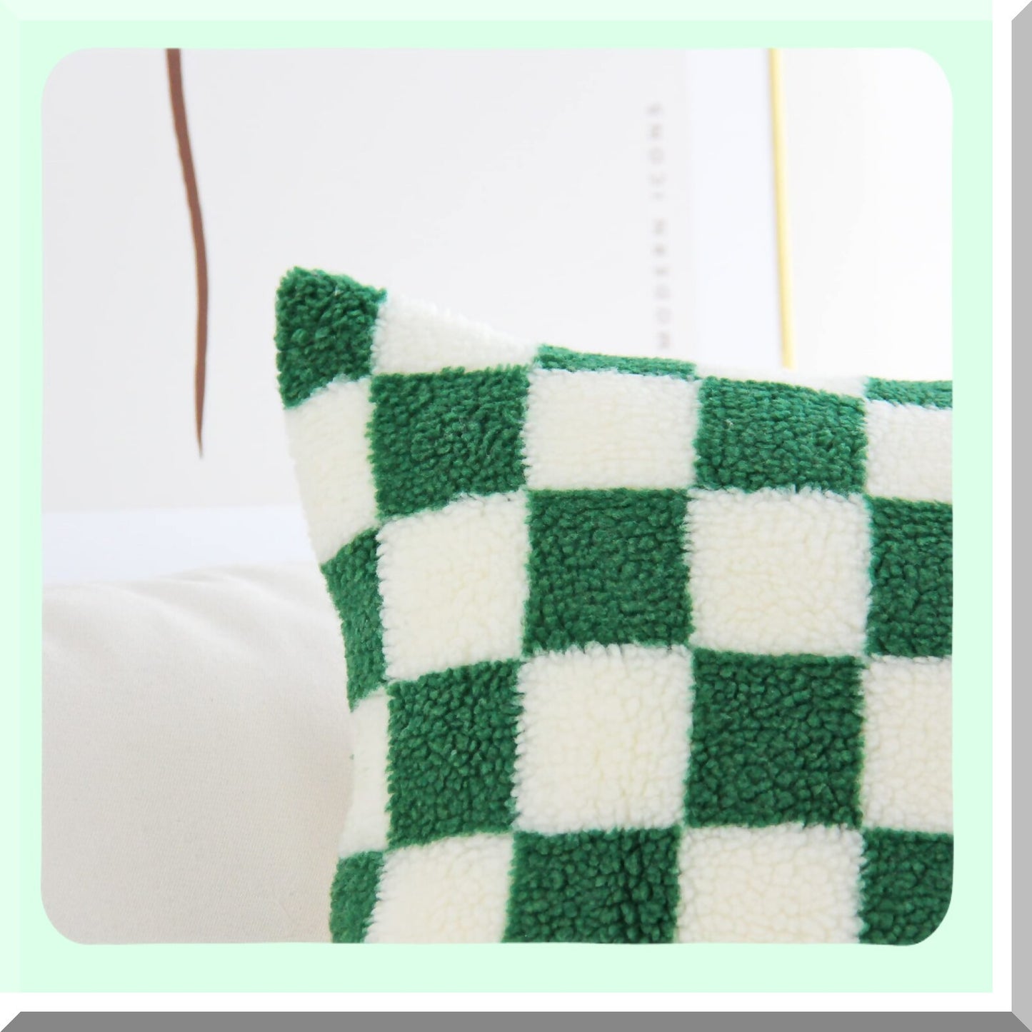 Luxury Checkerboard Wool Sherpa Pillowcase Set - Soft Green Cushion Covers for Couch & Bedroom Decor - Pack of 2, 18x18 Inch