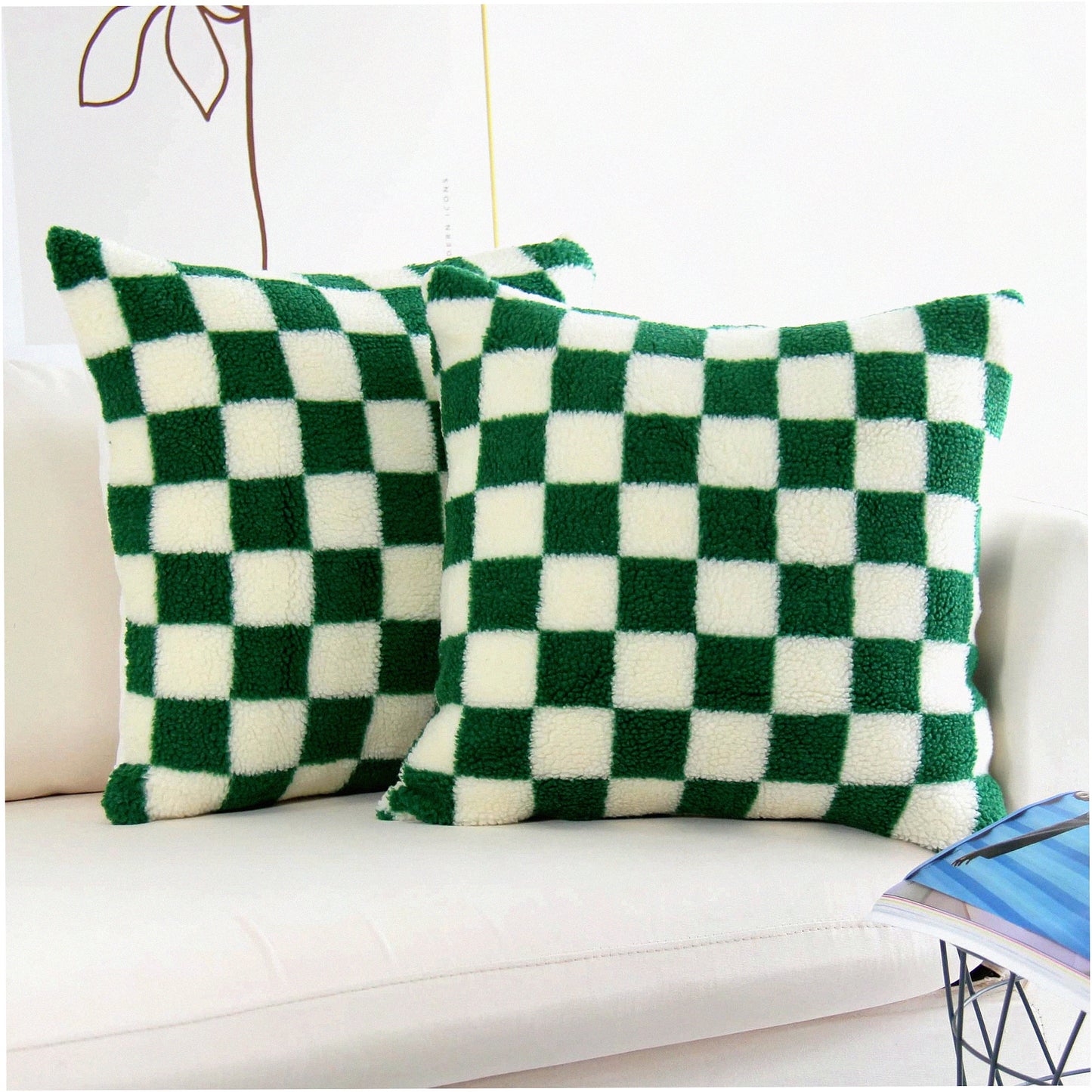 Luxury Checkerboard Wool Sherpa Pillowcase Set - Soft Green Cushion Covers for Couch & Bedroom Decor - Pack of 2, 18x18 Inch