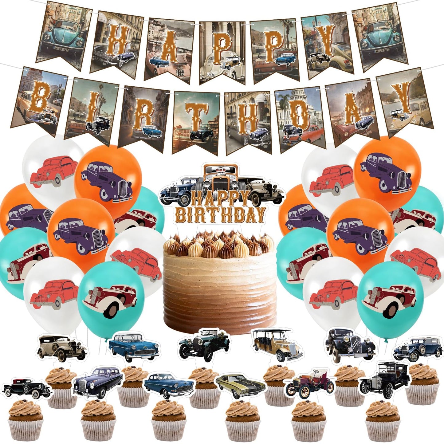 Retro Route 66 Car Party Kit - Happy Birthday Banner, Cake Toppers, Balloons - Vintage Car Themed Decorations for Birthday Celebration