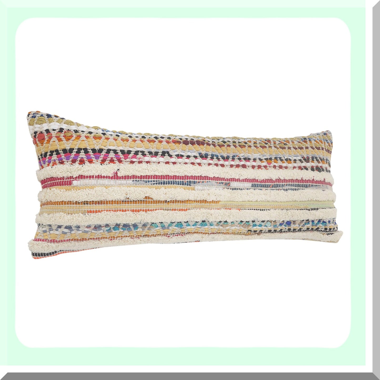 Stripe Cotton Lumbar Pillow Cover - Multicolored Cream 14x36 - Hand-Woven Decorative Cushion Case for Sofa, Couch, Bed - Boho Chic Home Decor