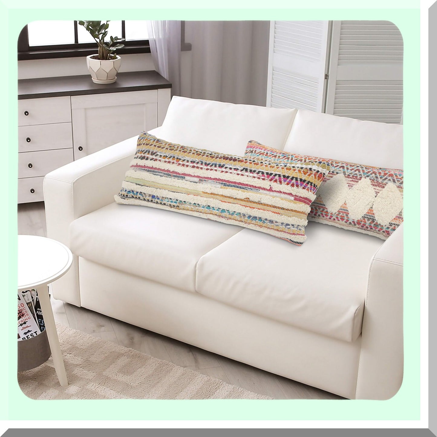 Stripe Cotton Lumbar Pillow Cover - Multicolored Cream 14x36 - Hand-Woven Decorative Cushion Case for Sofa, Couch, Bed - Boho Chic Home Decor