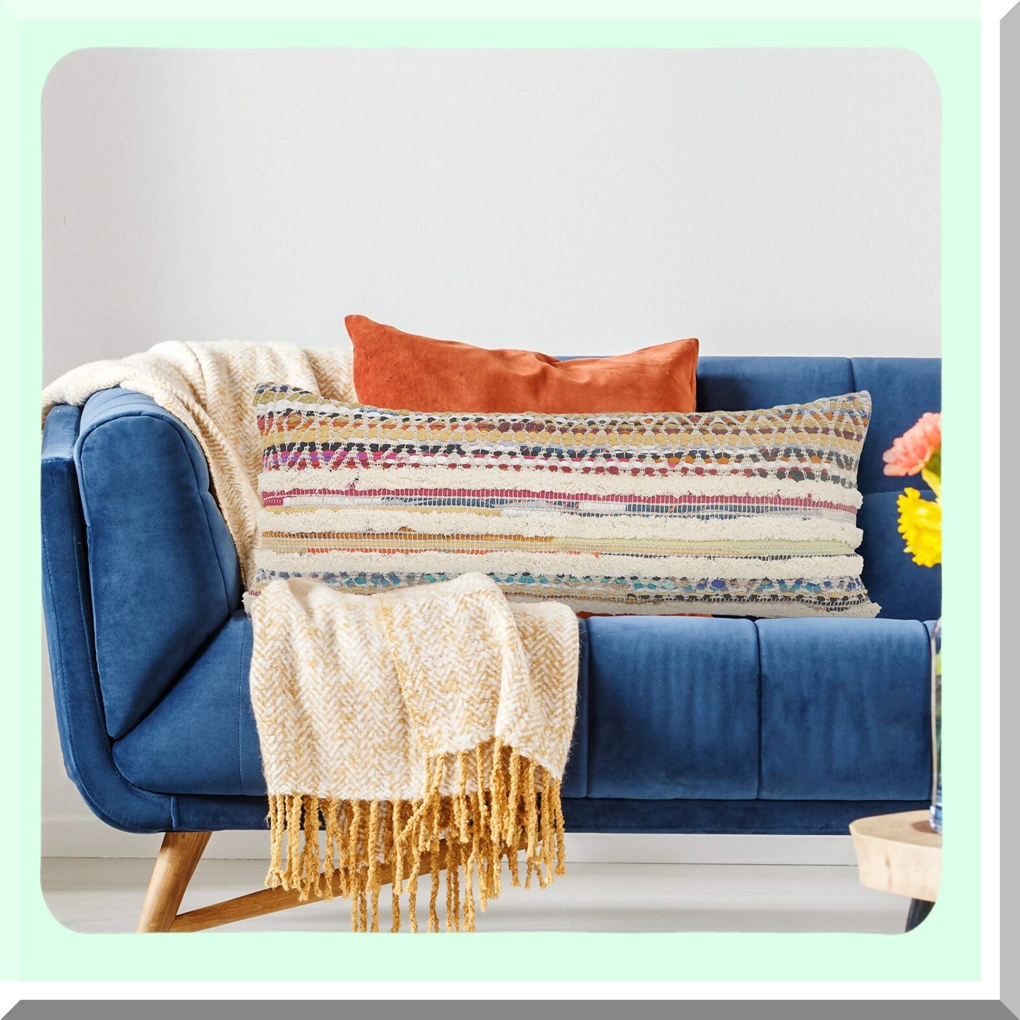 Stripe Cotton Lumbar Pillow Cover - Multicolored Cream 14x36 - Hand-Woven Decorative Cushion Case for Sofa, Couch, Bed - Boho Chic Home Decor