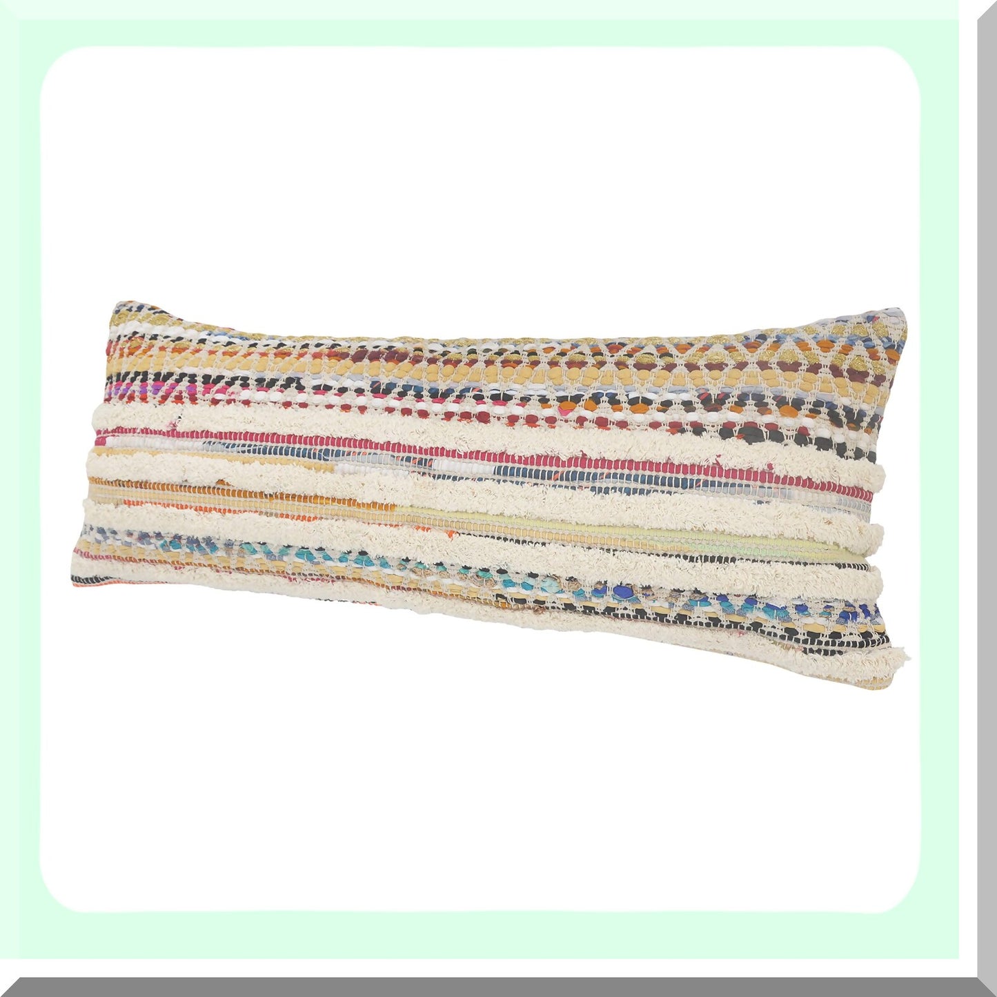 Stripe Cotton Lumbar Pillow Cover - Multicolored Cream 14x36 - Hand-Woven Decorative Cushion Case for Sofa, Couch, Bed - Boho Chic Home Decor