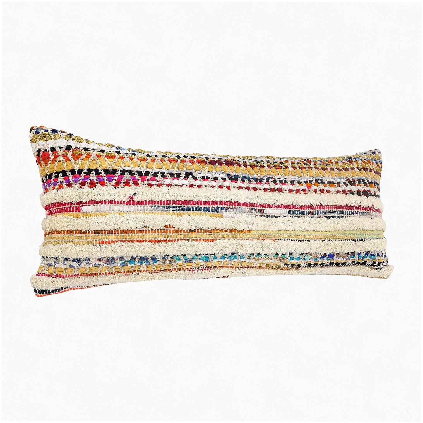 Stripe Cotton Lumbar Pillow Cover - Multicolored Cream 14x36 - Hand-Woven Decorative Cushion Case for Sofa, Couch, Bed - Boho Chic Home Decor