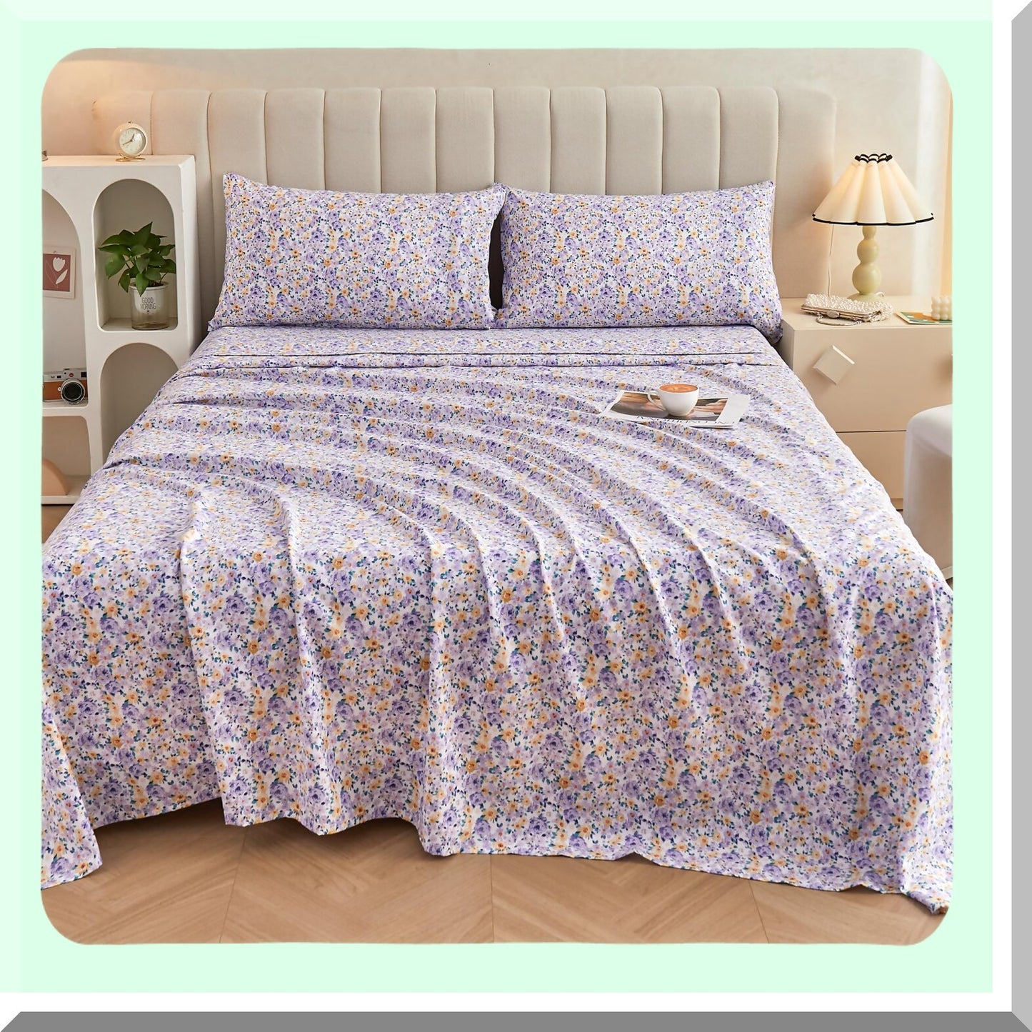 Vintage Bloom Microfiber Bedding Set - Full Size | Soft Floral Print Sheets & Pillowcases | Deep Pocket Non-Slip Design | Purple Yellow Flower Pattern Bed Sheets