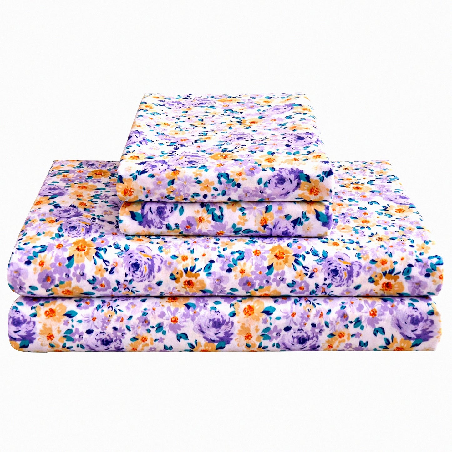 Vintage Bloom Microfiber Bedding Set - Full Size | Soft Floral Print Sheets & Pillowcases | Deep Pocket Non-Slip Design | Purple Yellow Flower Pattern Bed Sheets