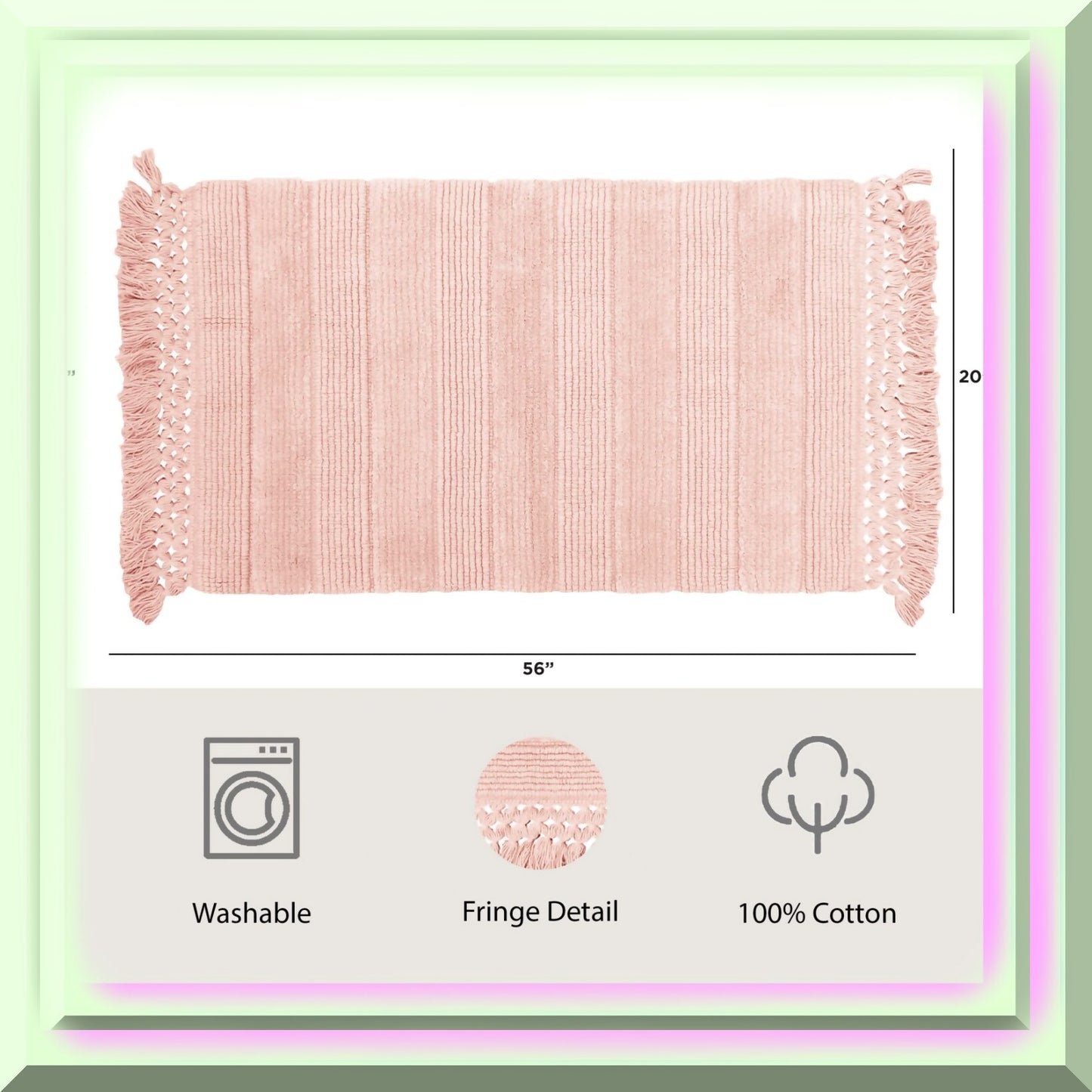 Bathroom Rug Woven Fringe Cotton 20x56 Blush Pink