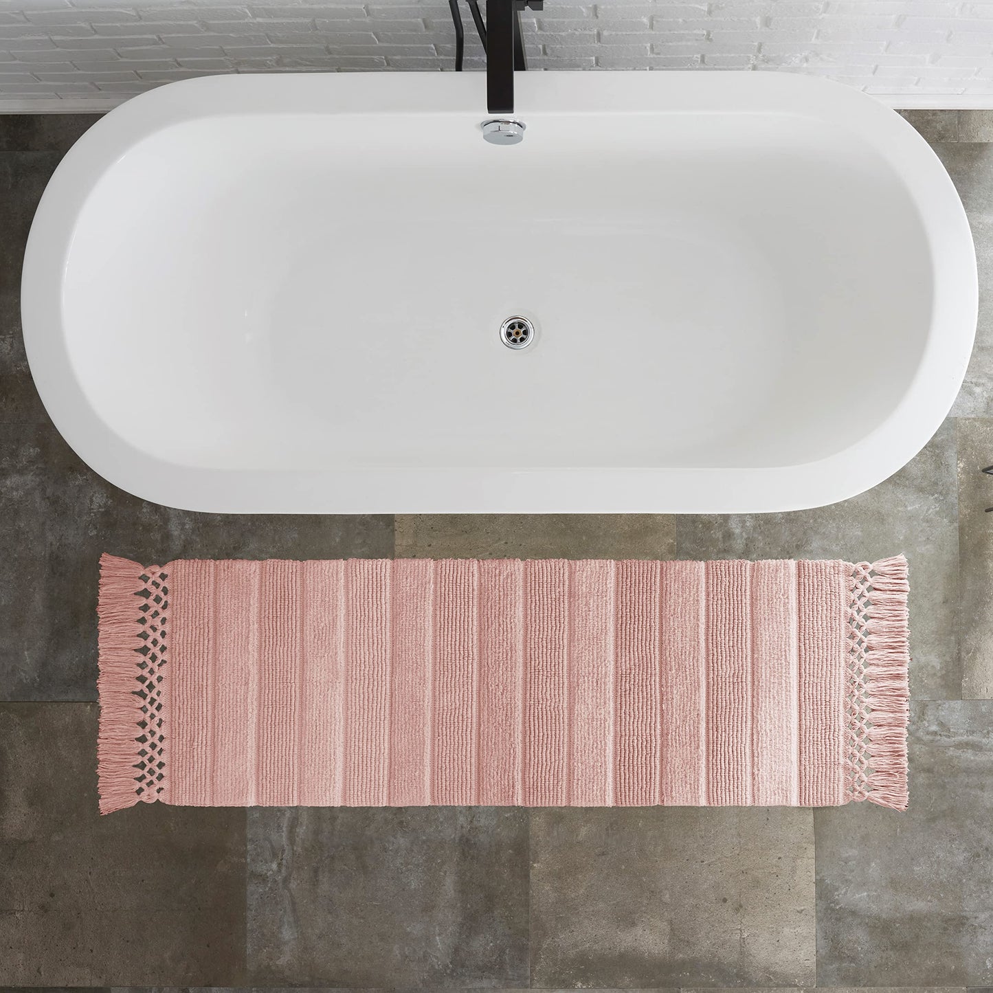 Bathroom Rug Woven Fringe Cotton 20x56 Blush Pink