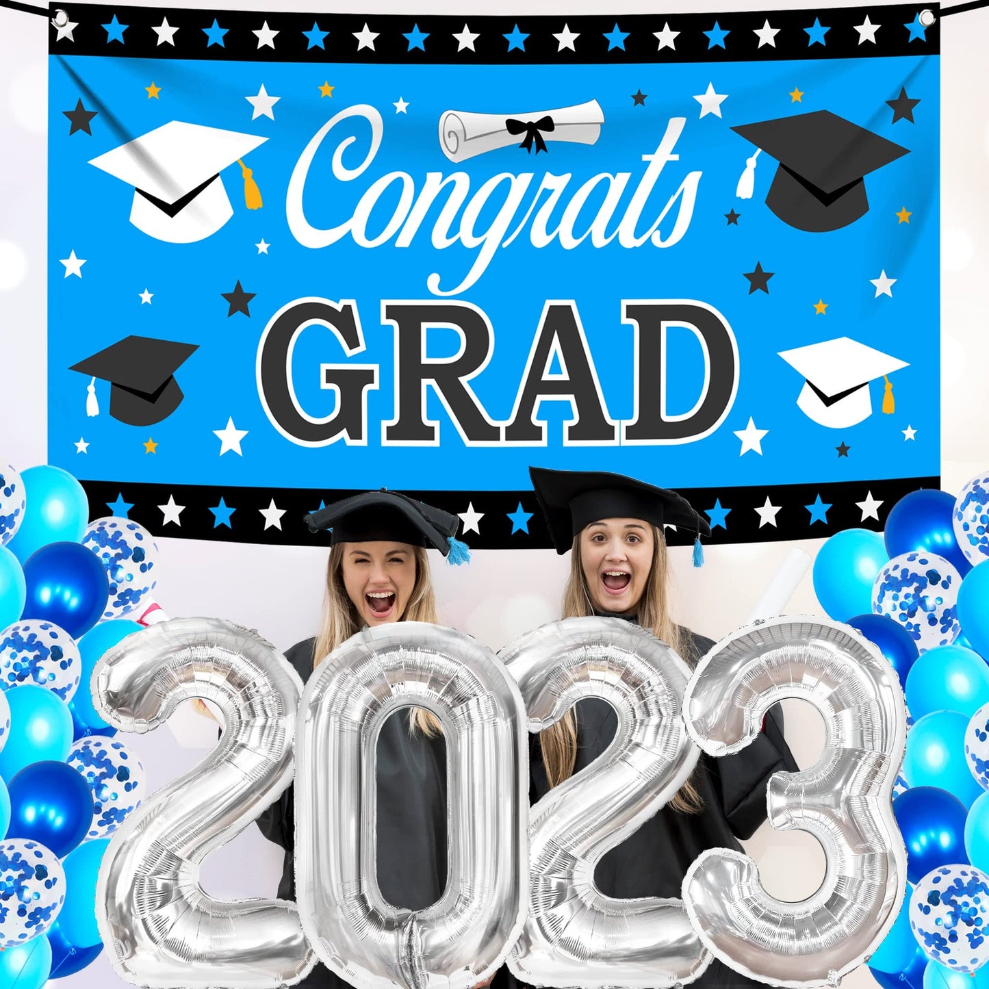Blue Silver Grad Pack - 30 Balloons & Congrats Banner for Cl of 2023 Decorations - Blue Graduation Party Decorations 2023 - Class of 2023