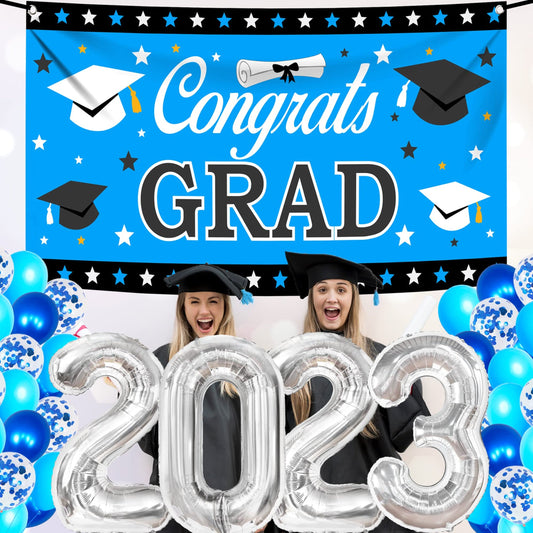Blue Silver Grad Pack - 30 Balloons & Congrats Banner for Cl of 2023 Decorations - Blue Graduation Party Decorations 2023 - Class of 2023