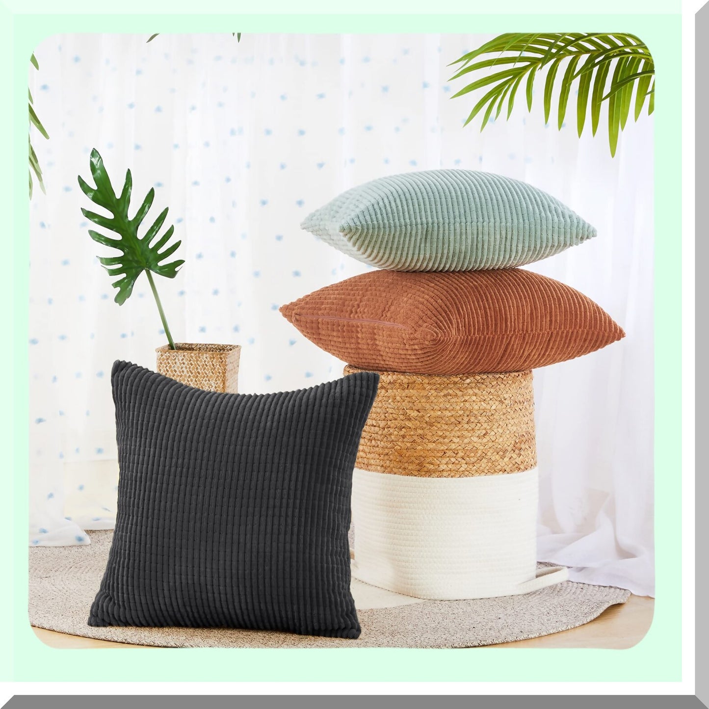 Invisible Zipper Dark Grey Corduroy Cushion Covers - Set of 2, 24x24 Inch Super Soft Machine Washable Throw Pillow Cases for Bedroom & Living Room