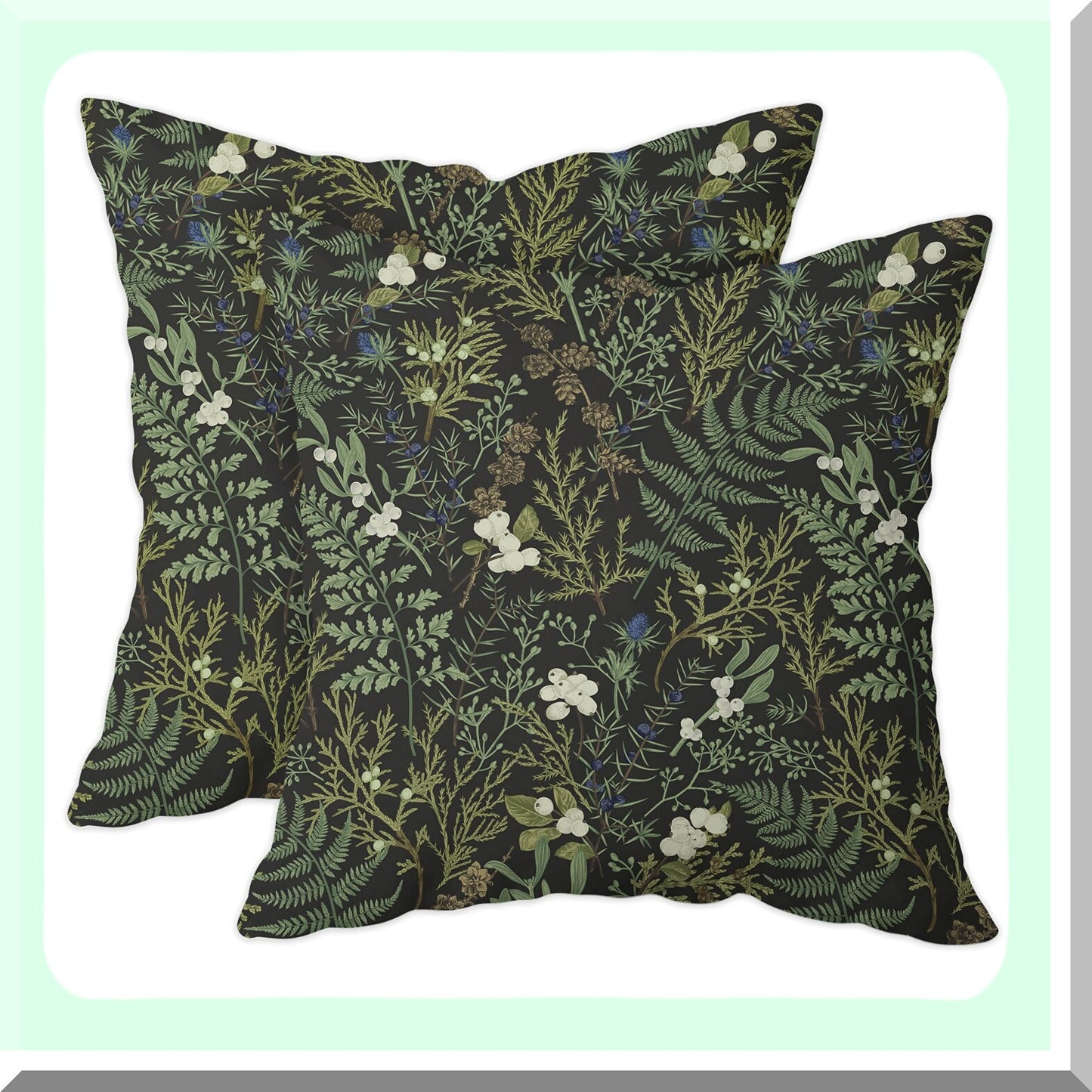 Botanical Bliss Pillow Covers - Set of 2 | Vintage Floral Cushion Cover 18x18 Inch | Farmhouse Decor for Living Room, Bedroom, Patio | Waterproof Outdoor Throw Pillow Covers - Black Green Leaf