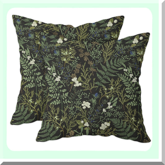 Botanical Bliss Pillow Covers - Set of 2 | Vintage Floral Cushion Cover 18x18 Inch | Farmhouse Decor for Living Room, Bedroom, Patio | Waterproof Outdoor Throw Pillow Covers - Black Green Leaf